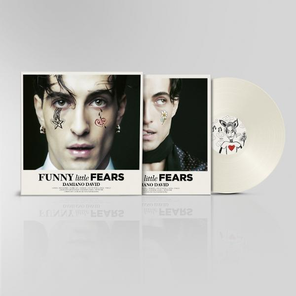 A 'Funny Little Fears' album borítója és bakelit lemeze Damiano Davidtől. Fehér lemez.