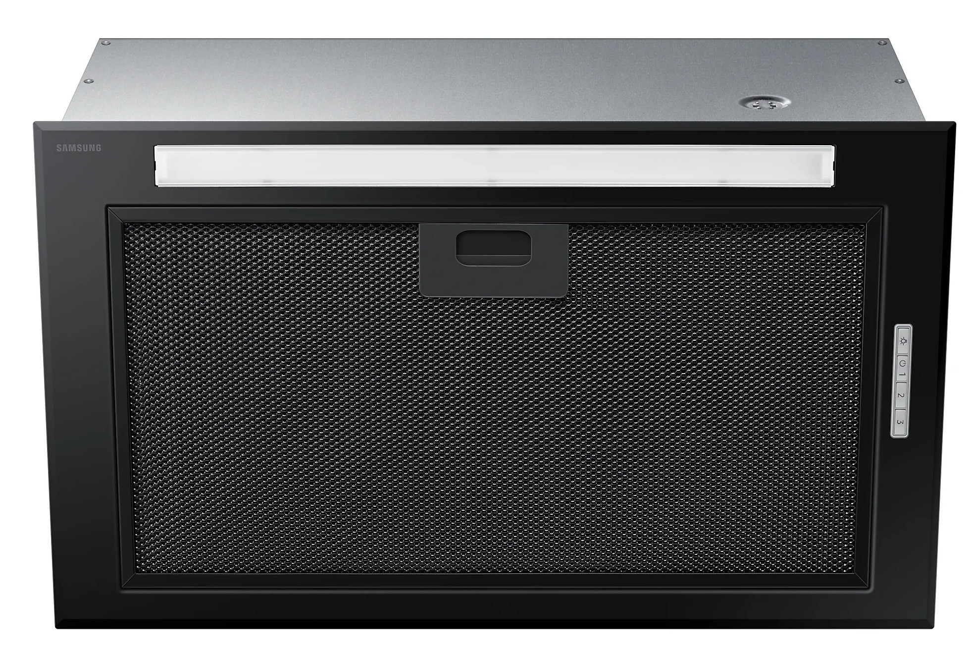 Czarny okap z oświetleniem i metalowym filtrem siatkowym. Posiada przyciski sterowania po prawej stronie.