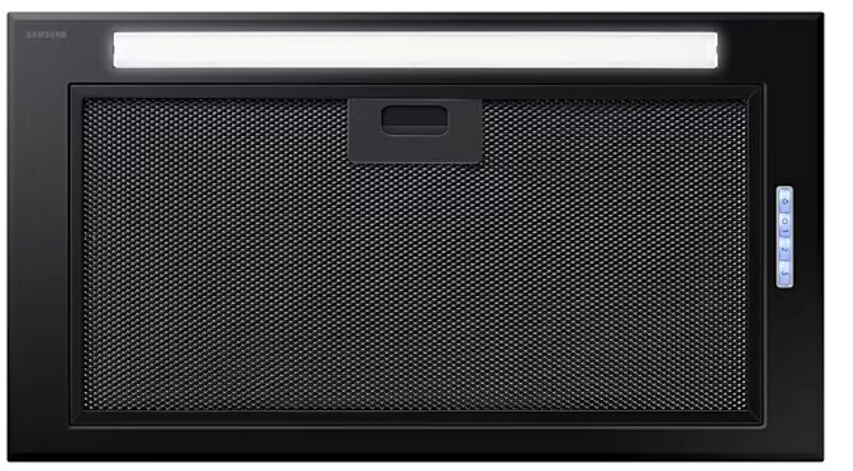 Czarny okap z oświetleniem, metalowym filtrem siatkowym i przyciskami sterowania po prawej stronie.