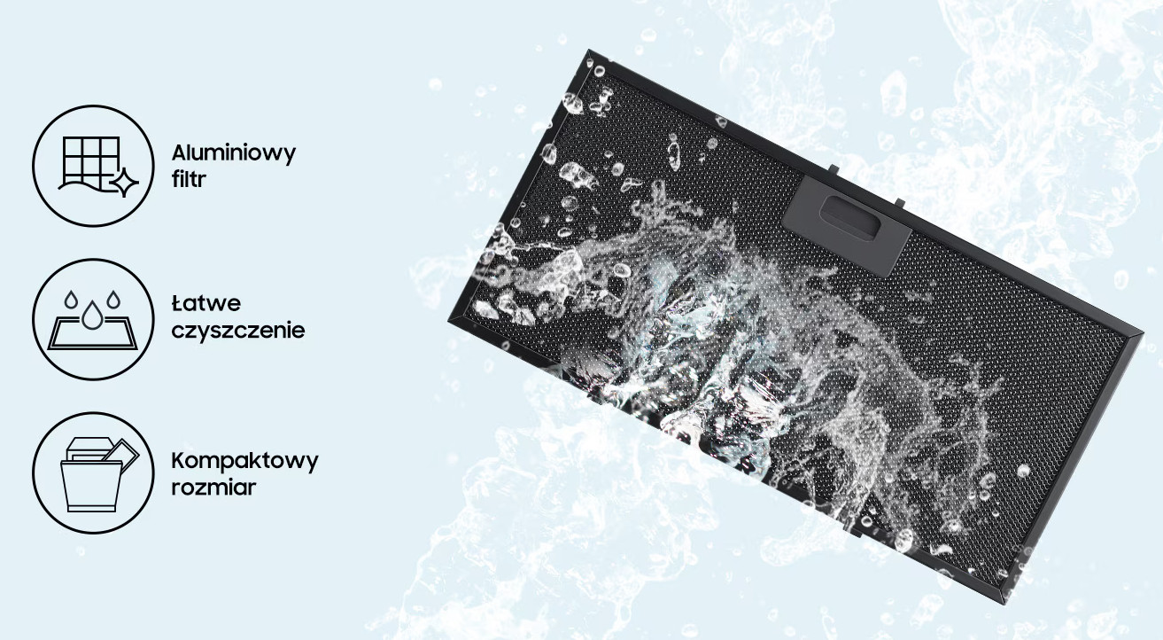 Czarny metalowy filtr siatkowy czyszczony wodą. Filtr ma trzy ikony.