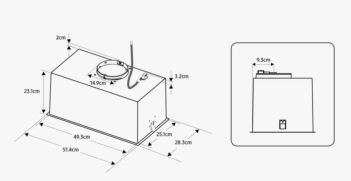 Prostokątny, metalowy okap z wymiarami oznaczonymi w centymetrach.