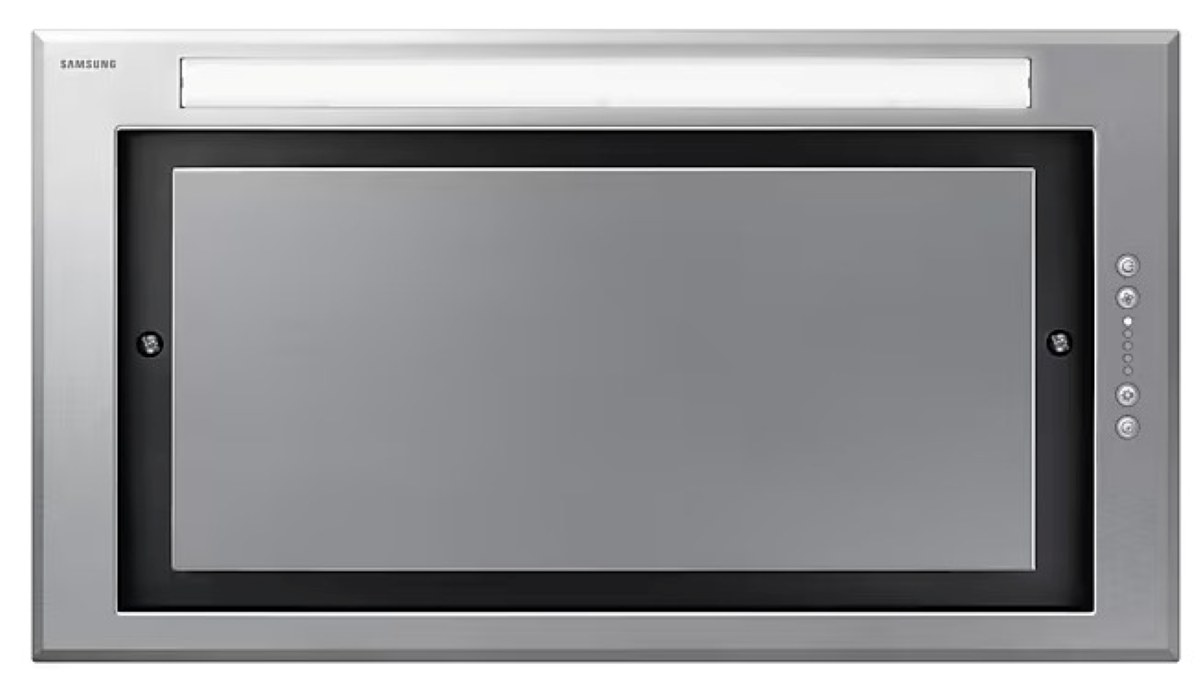 Okap pokazujący logo Samsung, światło i przyciski sterowania.