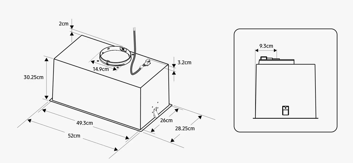 Schemat okapu kuchennego z wymiarami.