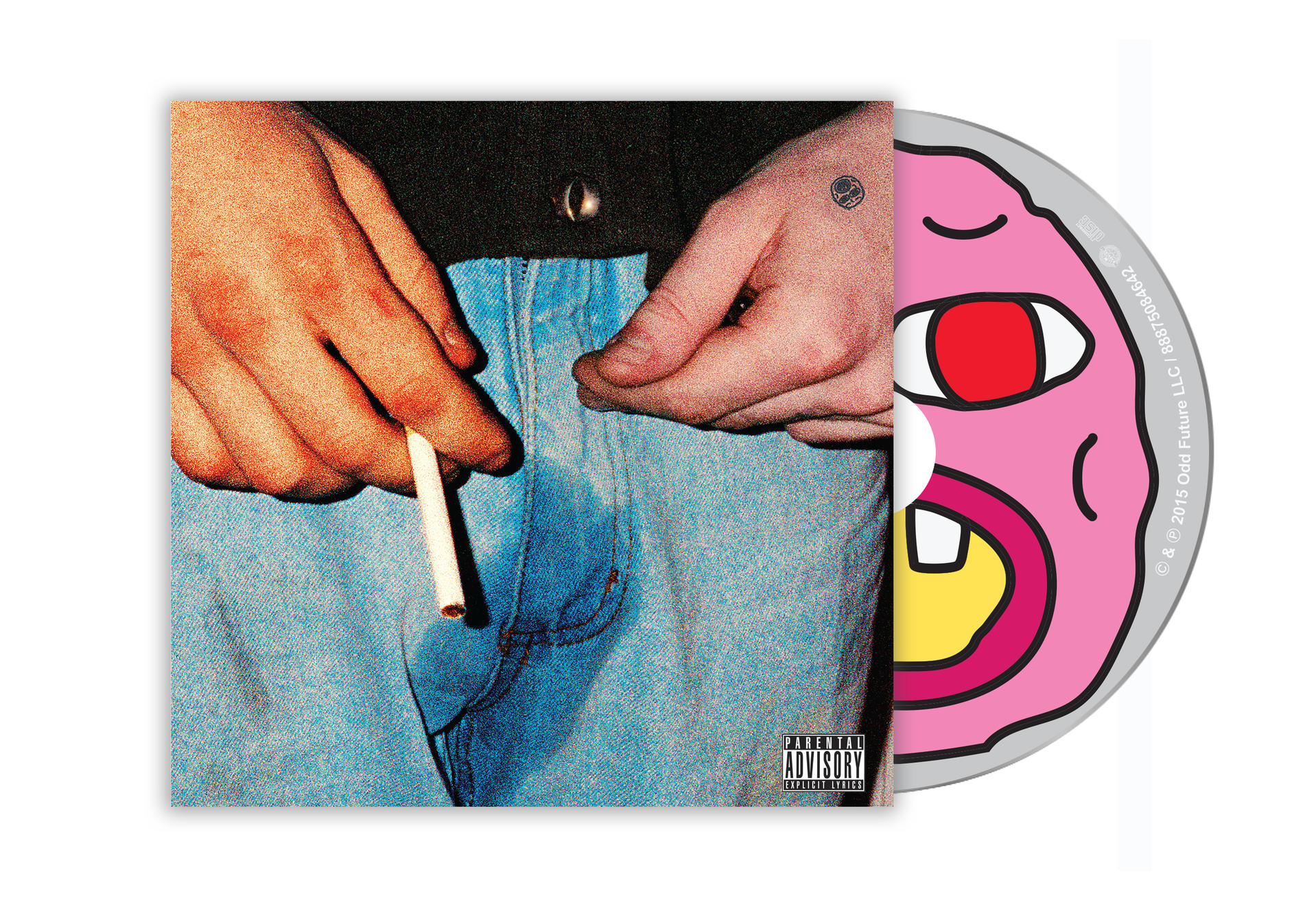 CD avec un design de visage rose. Mains tenant une cigarette, jean bleu, parental advisory.