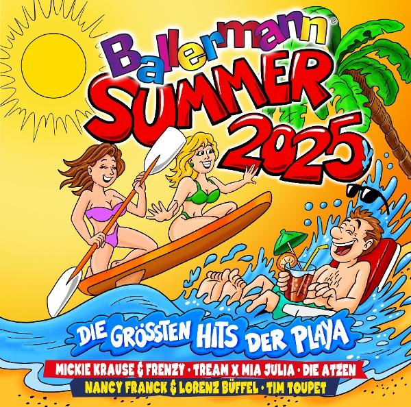 Albumcover-Kunst mit drei Personen auf einem Surfbrett, Strandszene und Sommerthema.