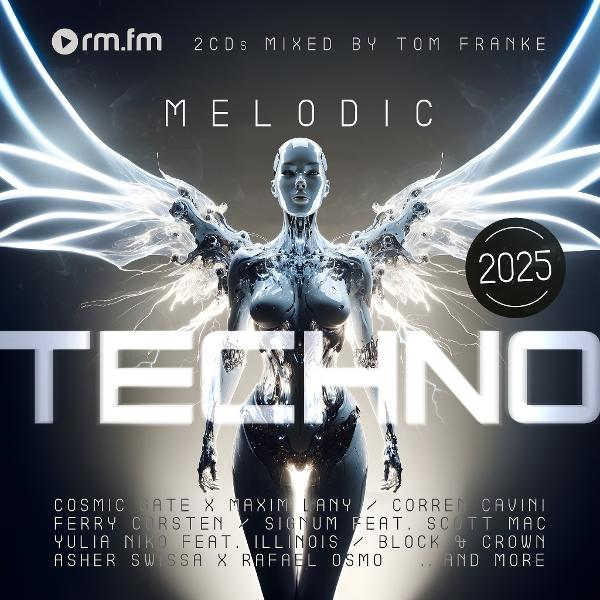 Albumcover mit futuristischer weiblicher Figur, Techno-Thema und digitalem Design.
