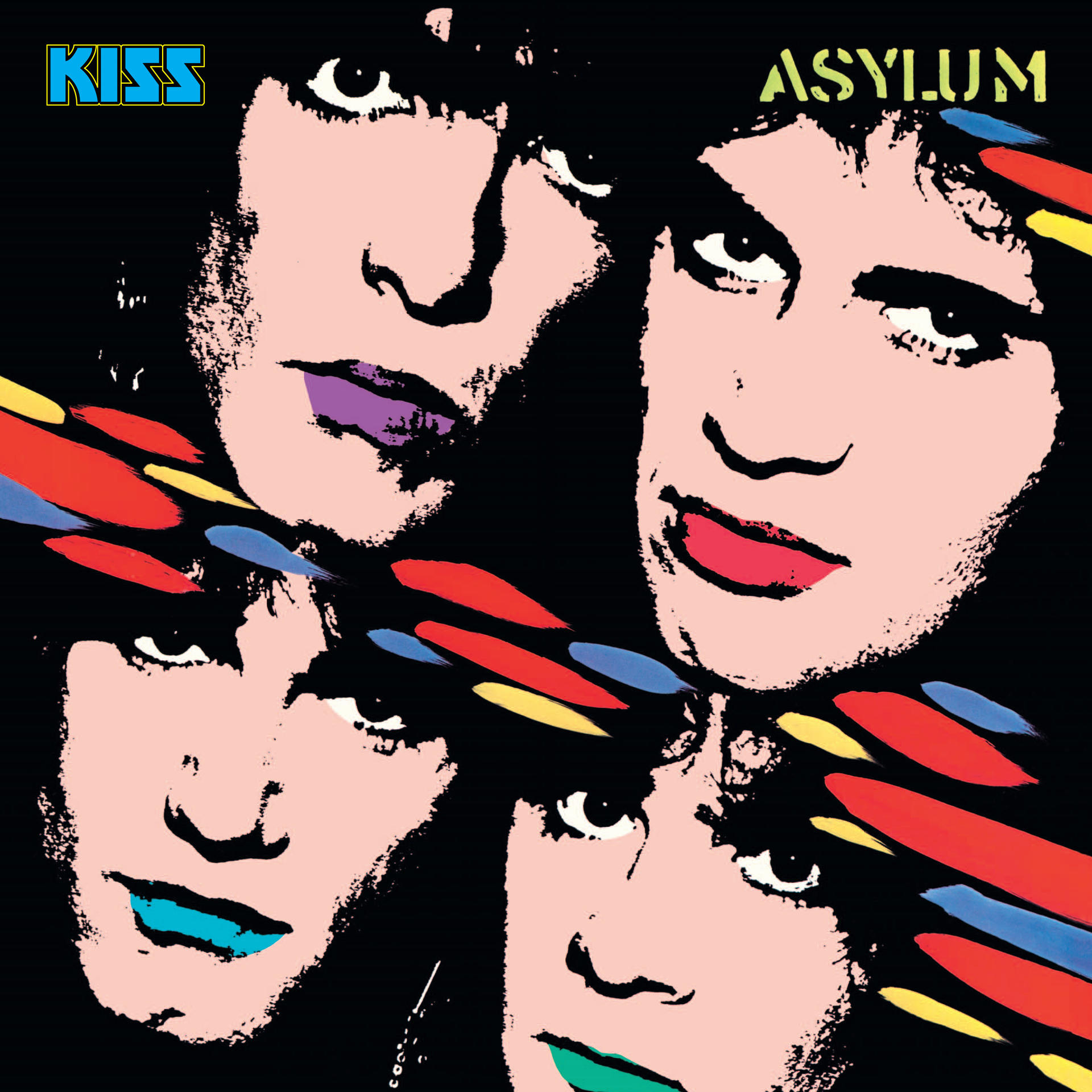 Albumcover mit vier Gesichtern der Bandmitglieder, farbenfrohem Make-up und fettem Text.