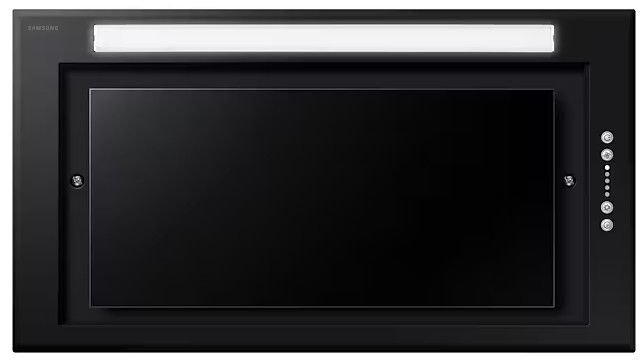 Widok z przodu czarnego okapu kuchennego ze włączonym światłem.