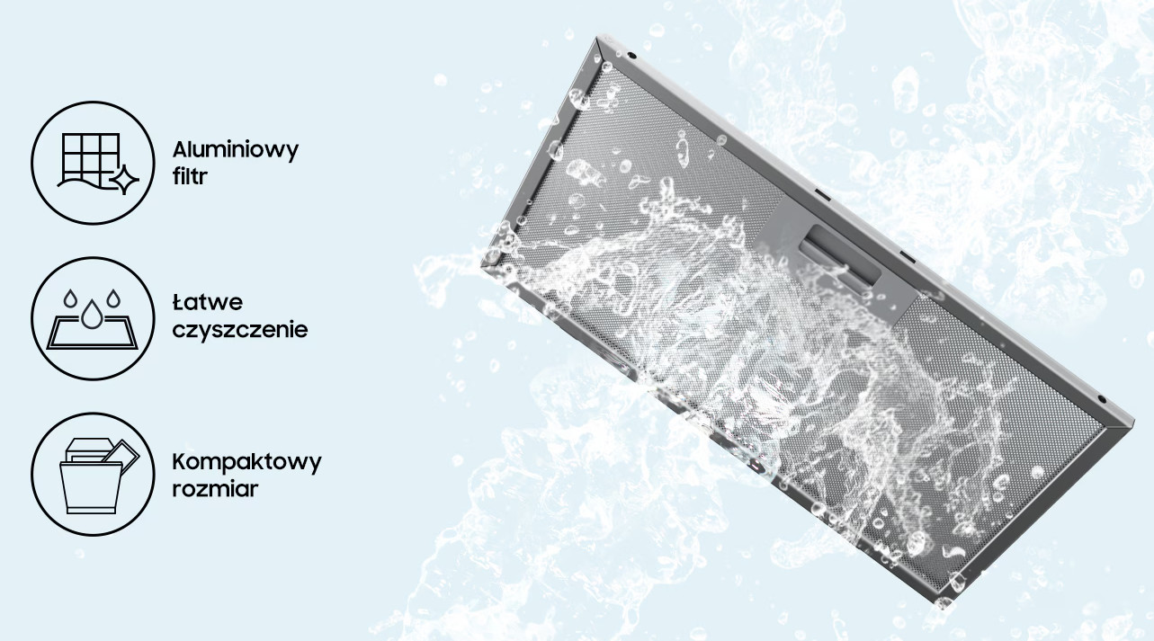 Filtr czyszczony wodą, z ikonami filtra, łatwego czyszczenia i kompaktowych rozmiarów.