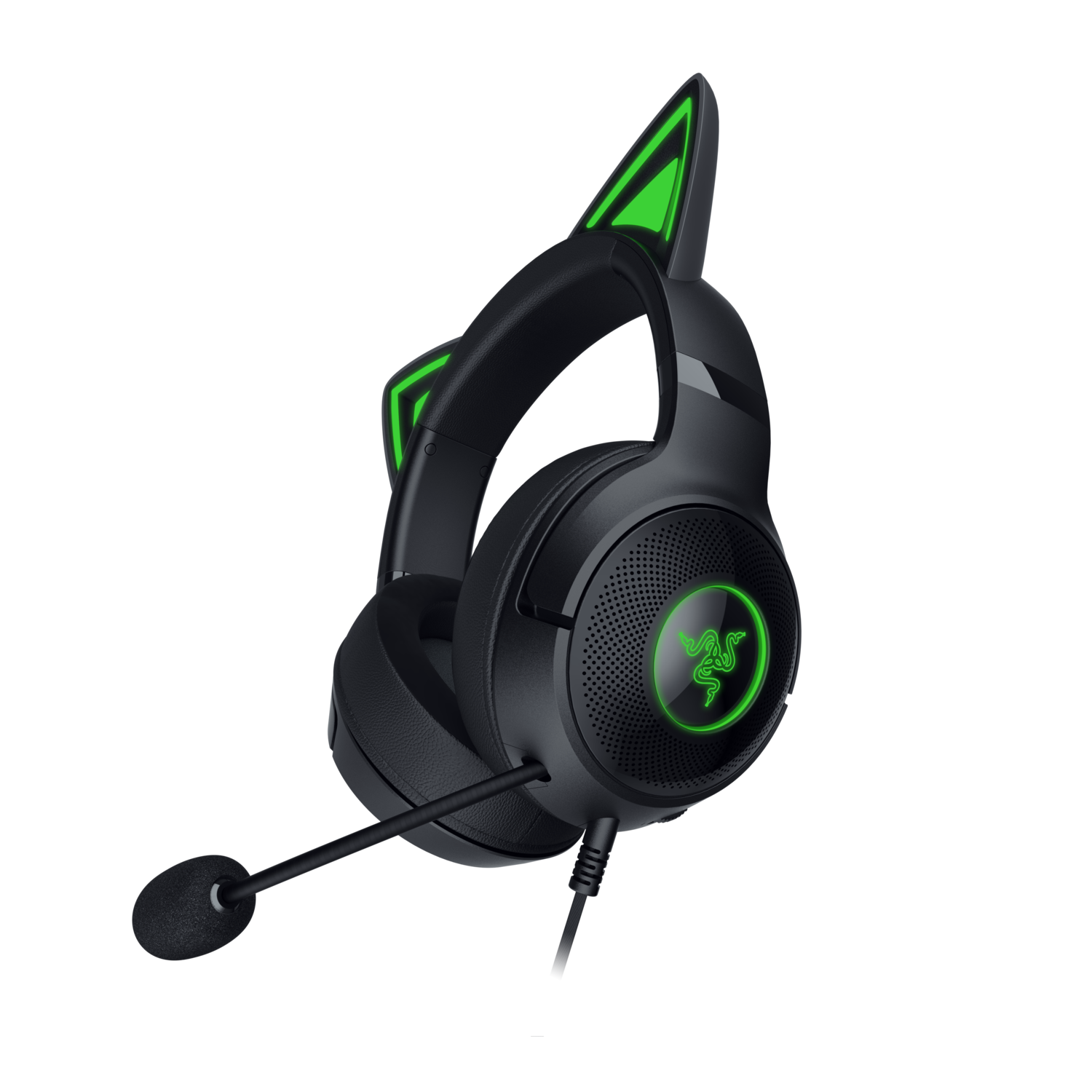 Black gaming headset with cat ears and green lights on black background.