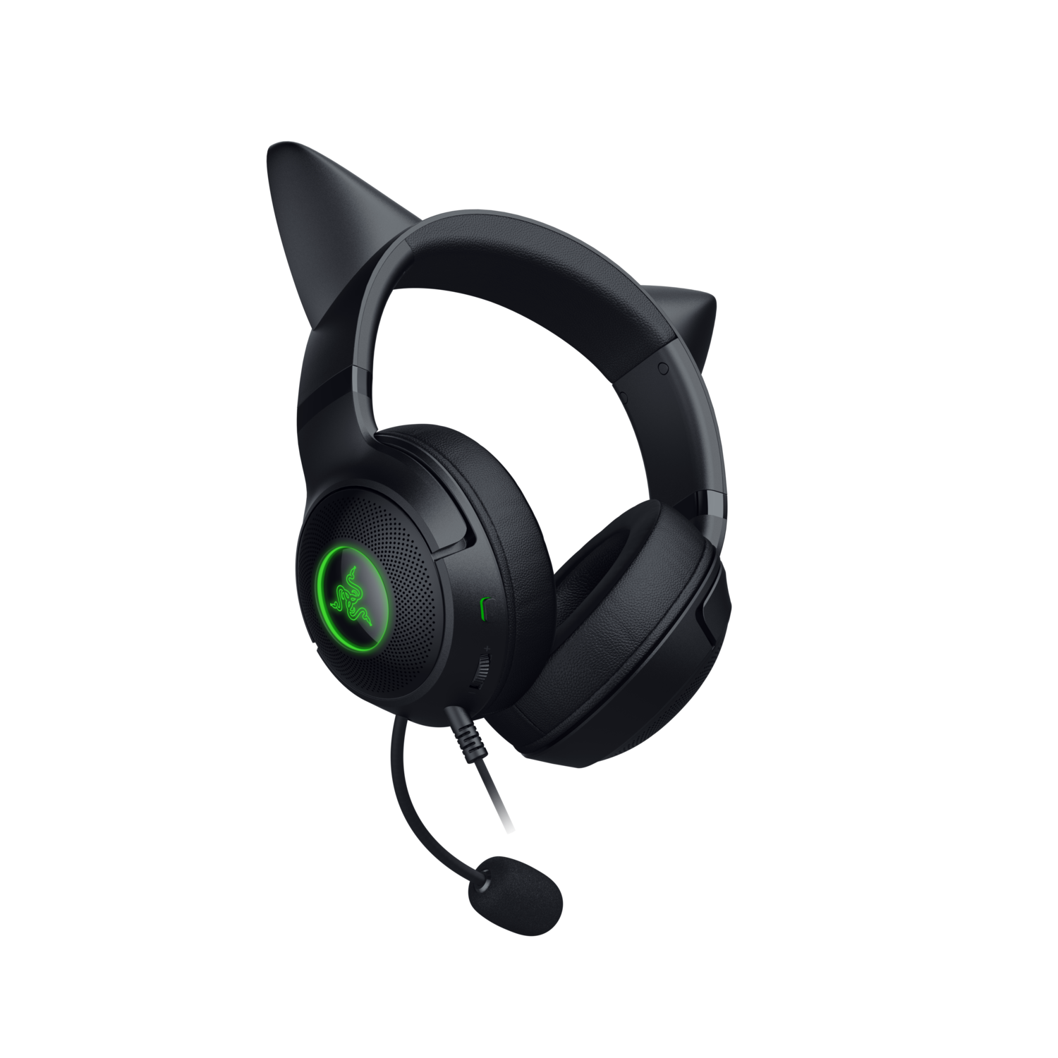 Black gaming headset with cat ears, microphone, and Razer logo on black background.