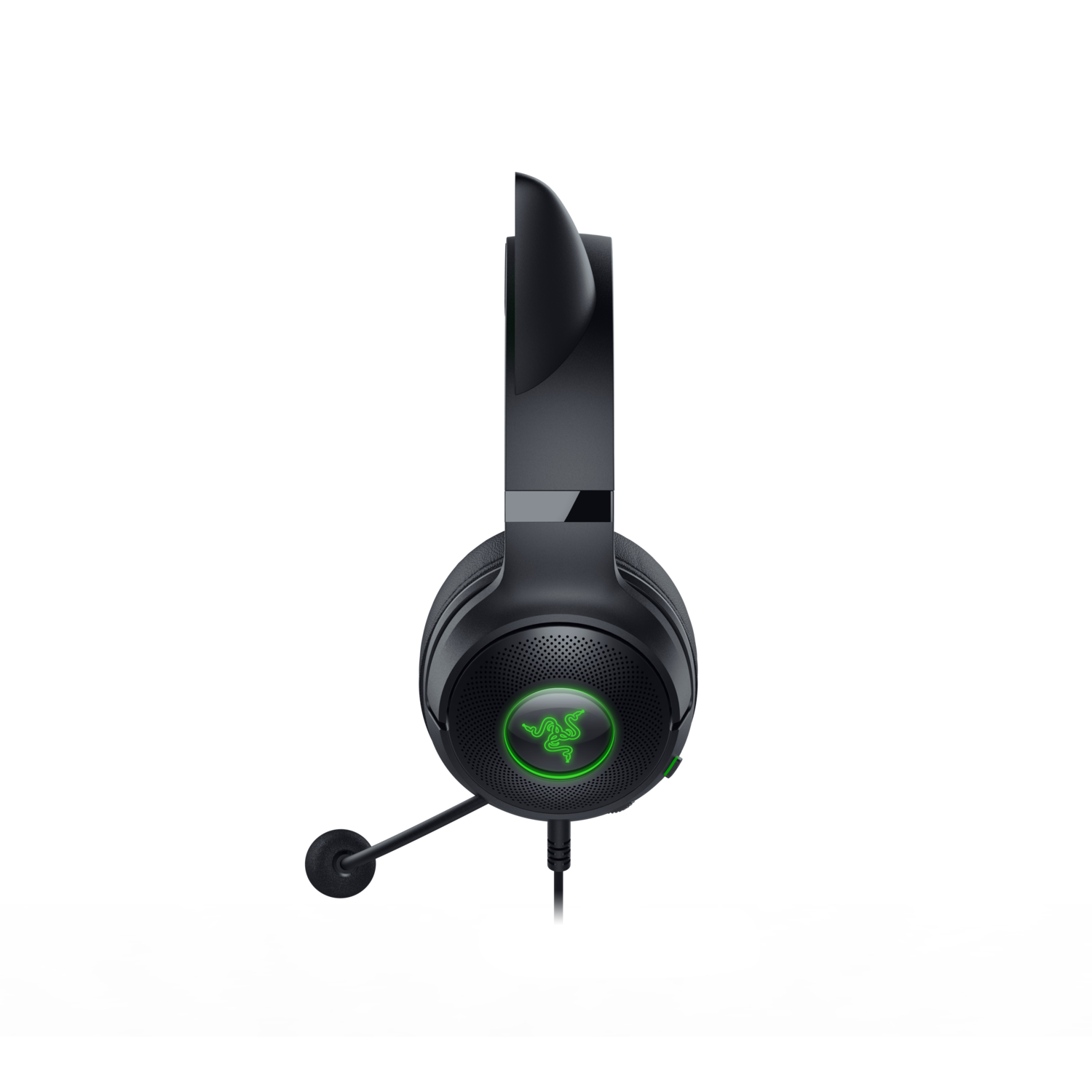 Side view of black gaming headset with Razer logo and microphone on black background.