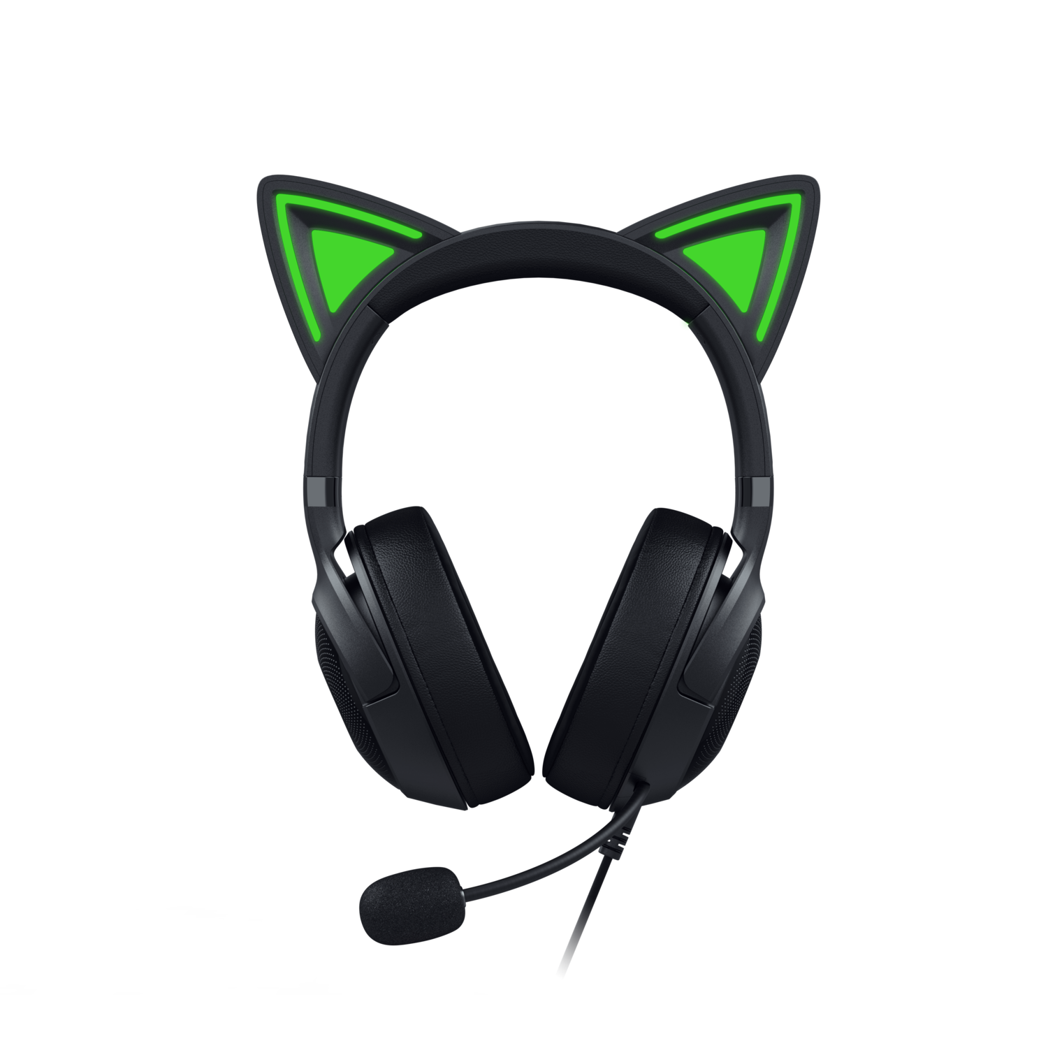 Front view of black gaming headset with cat ears and Razer logo on black background.