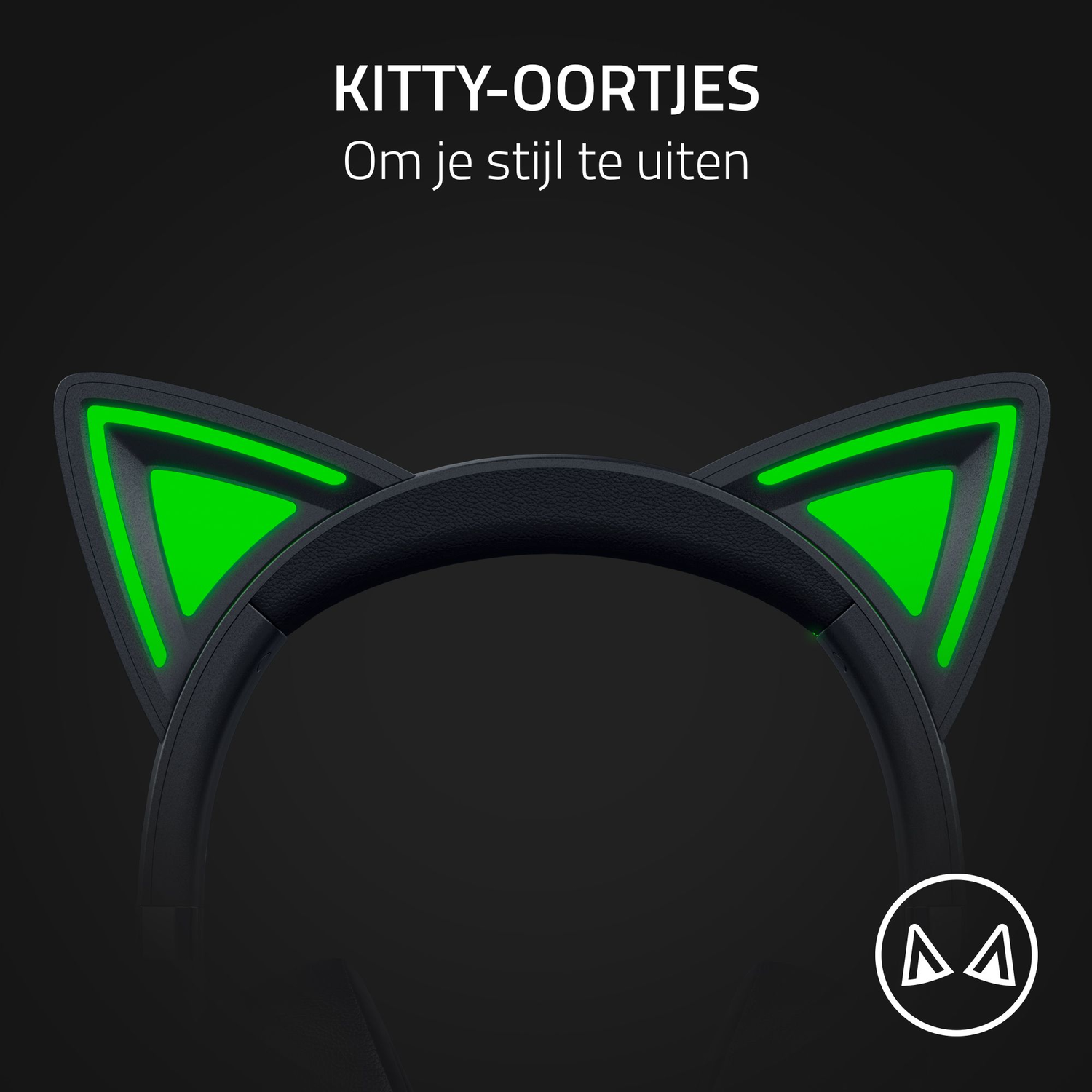 Close-up of cat ear headset attachments with green lights, on a black background.