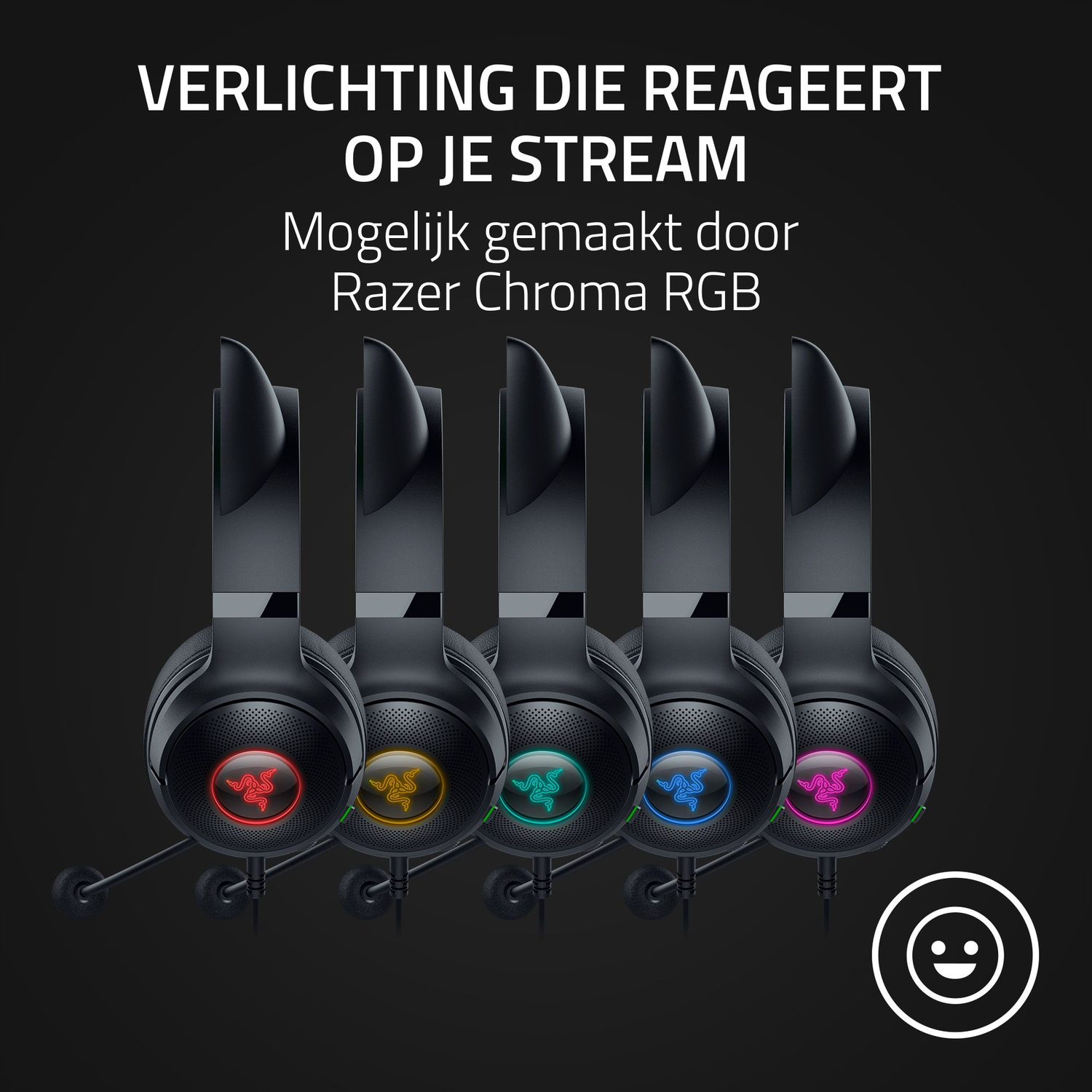 Multiple headsets with different colored lights, Razer Chroma RGB, on black background.