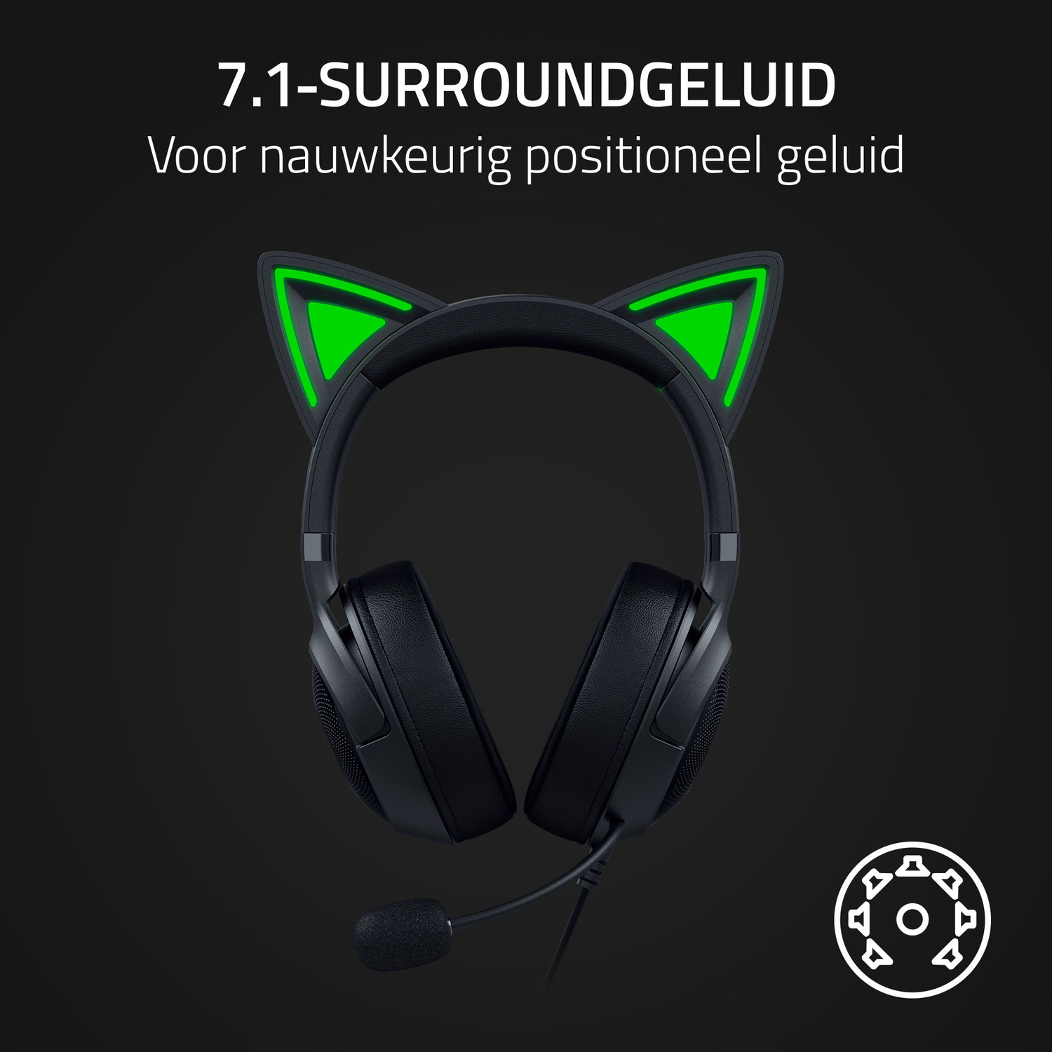 Front view of a gaming headset with cat ears, Razer logo, on a black background.
