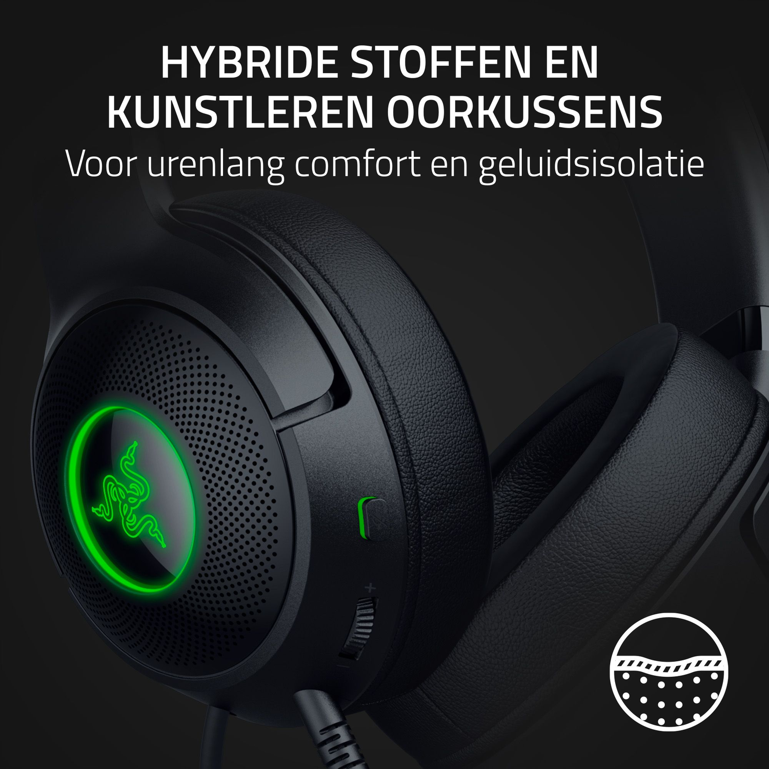 Close-up of a black gaming headset with Razer logo, showing ear cushions.