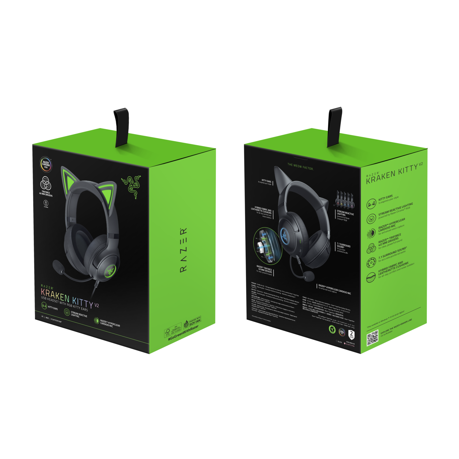 Two views of a green and black Razer Kraken Kitty V2 box, product packaging.