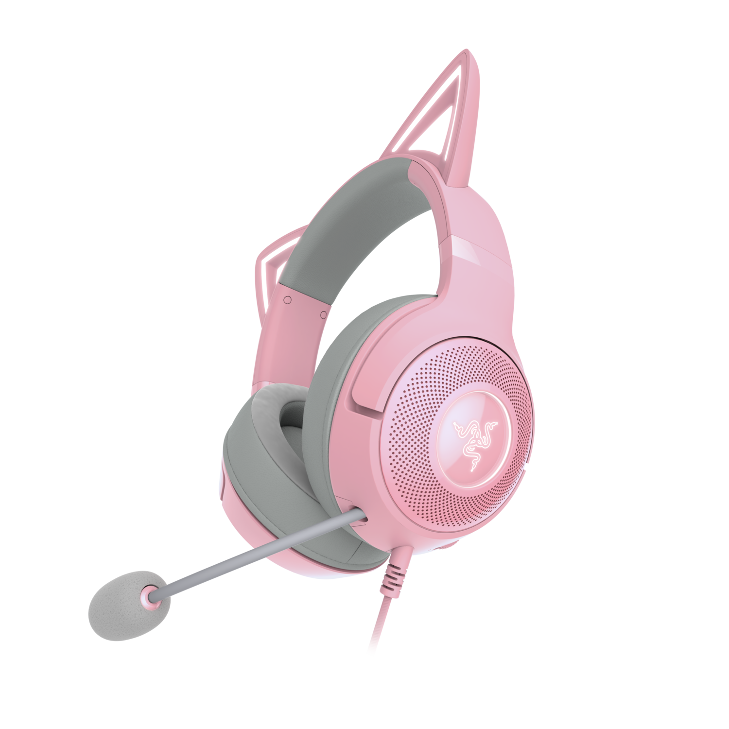 Pink gaming headset with gray earcups, microphone, and Razer logo, on black.