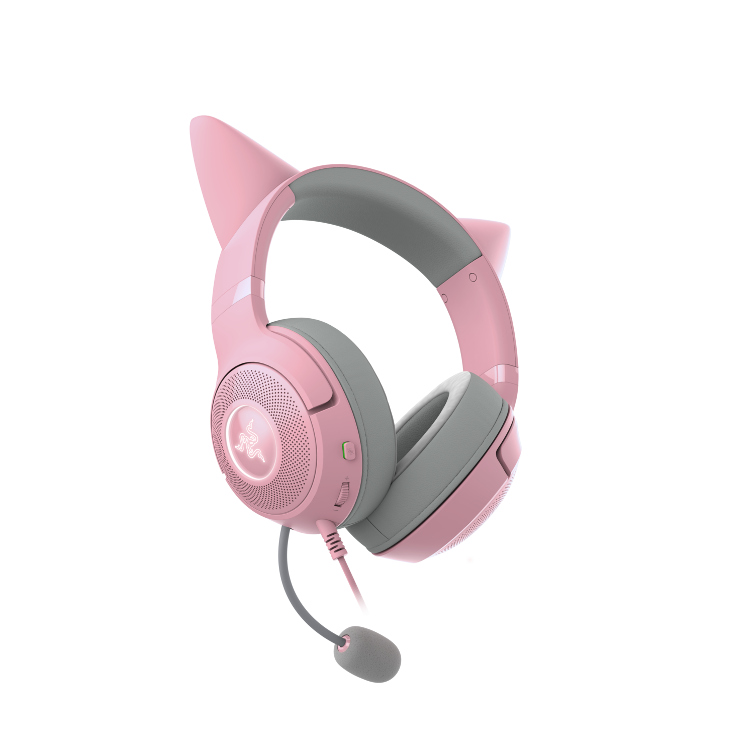 Pink gaming headset with gray earcups, microphone, and Razer logo, on black.