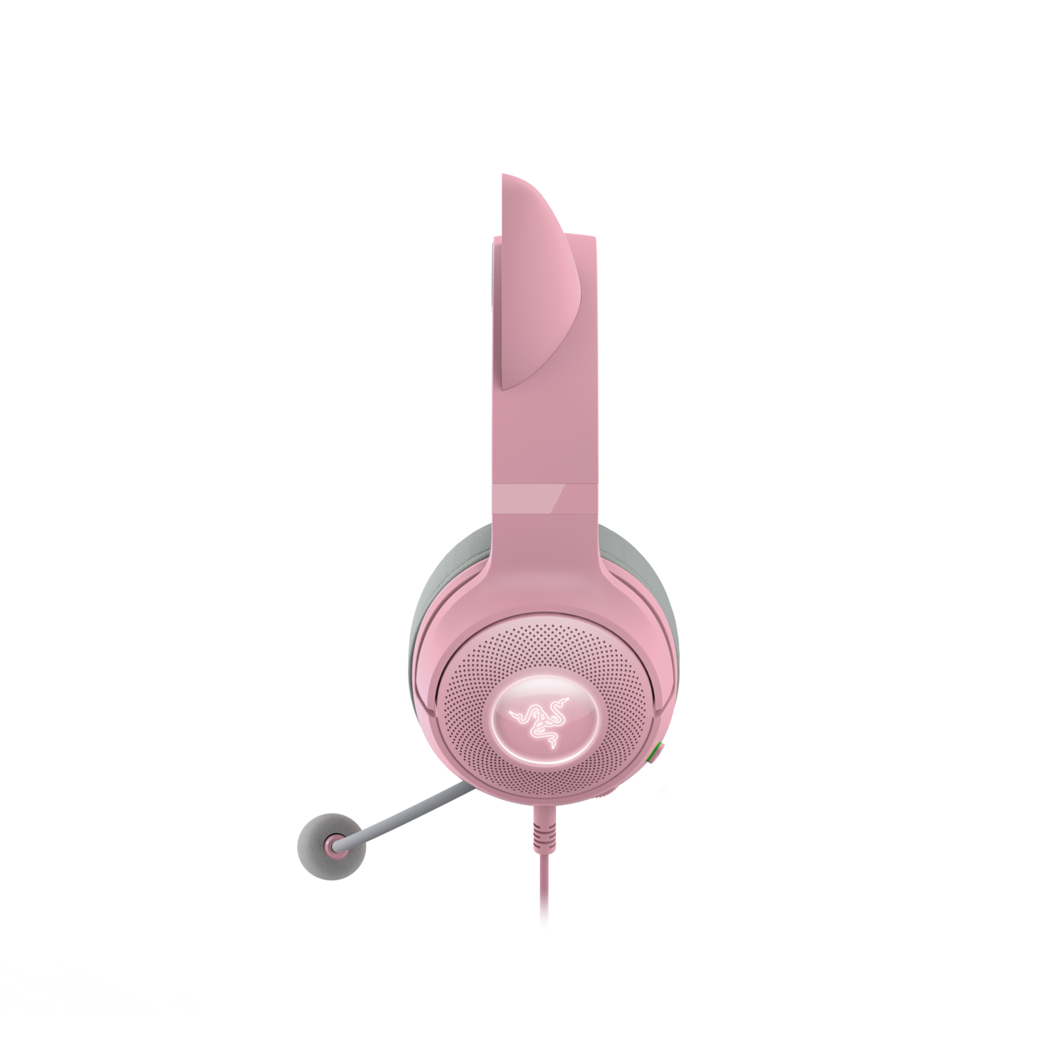 Pink Razer headset with cat ears and microphone, side view, on a black background.