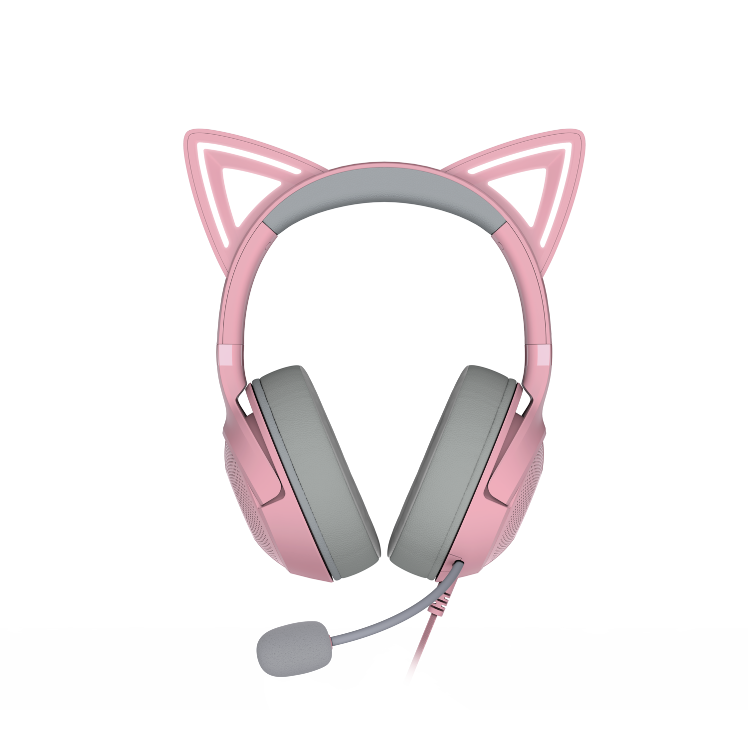 Pink Razer headset with cat ears and microphone, front view, on a black background.