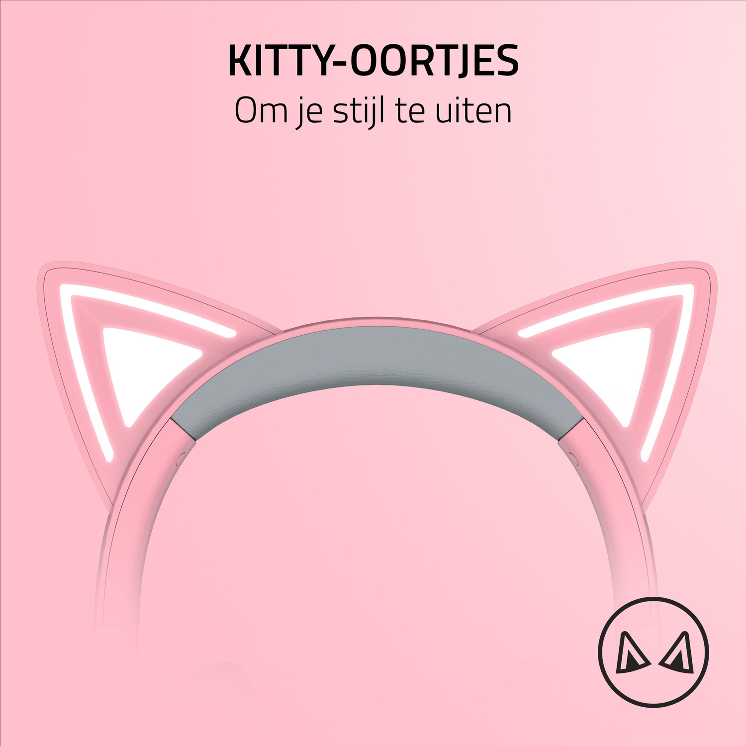 Close-up of pink cat ear headphones on a pink background with text.