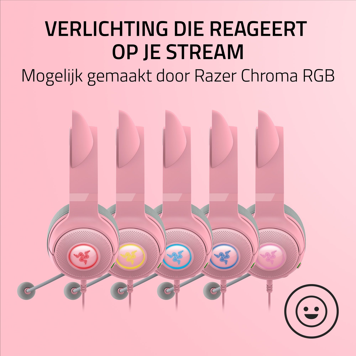 Multiple pink Razer headsets with cat ears, colorful lights, on pink background.