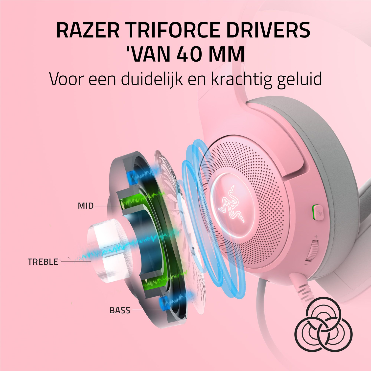 Close-up showing the inside of pink Razer headset, with text on a pink background.