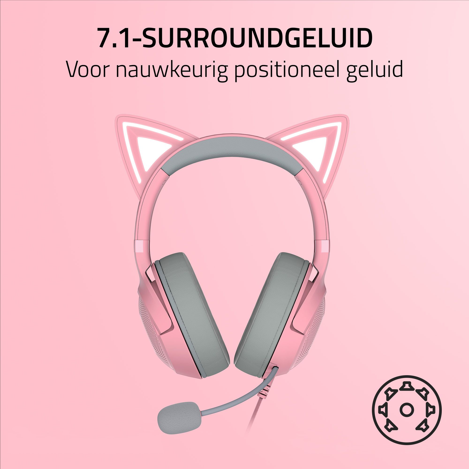 Pink Razer headset with cat ears and microphone, front view, on a pink background.