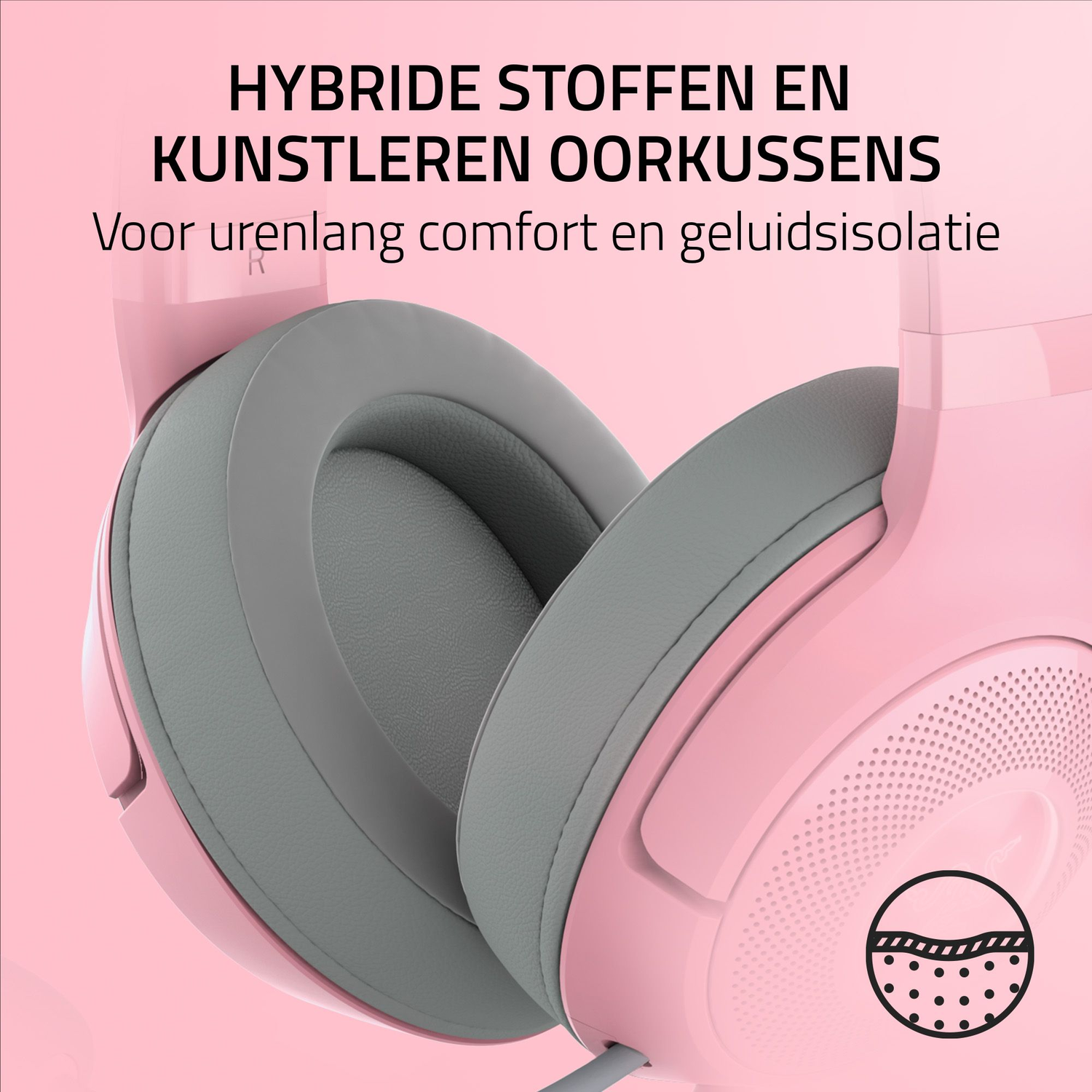 Close-up of the pink Razer headset, showing the earcups on a pink background.
