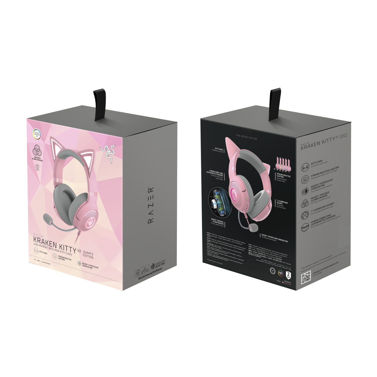 Two boxes of pink Razer Kraken Kitty headphones, product shot on a black background.
