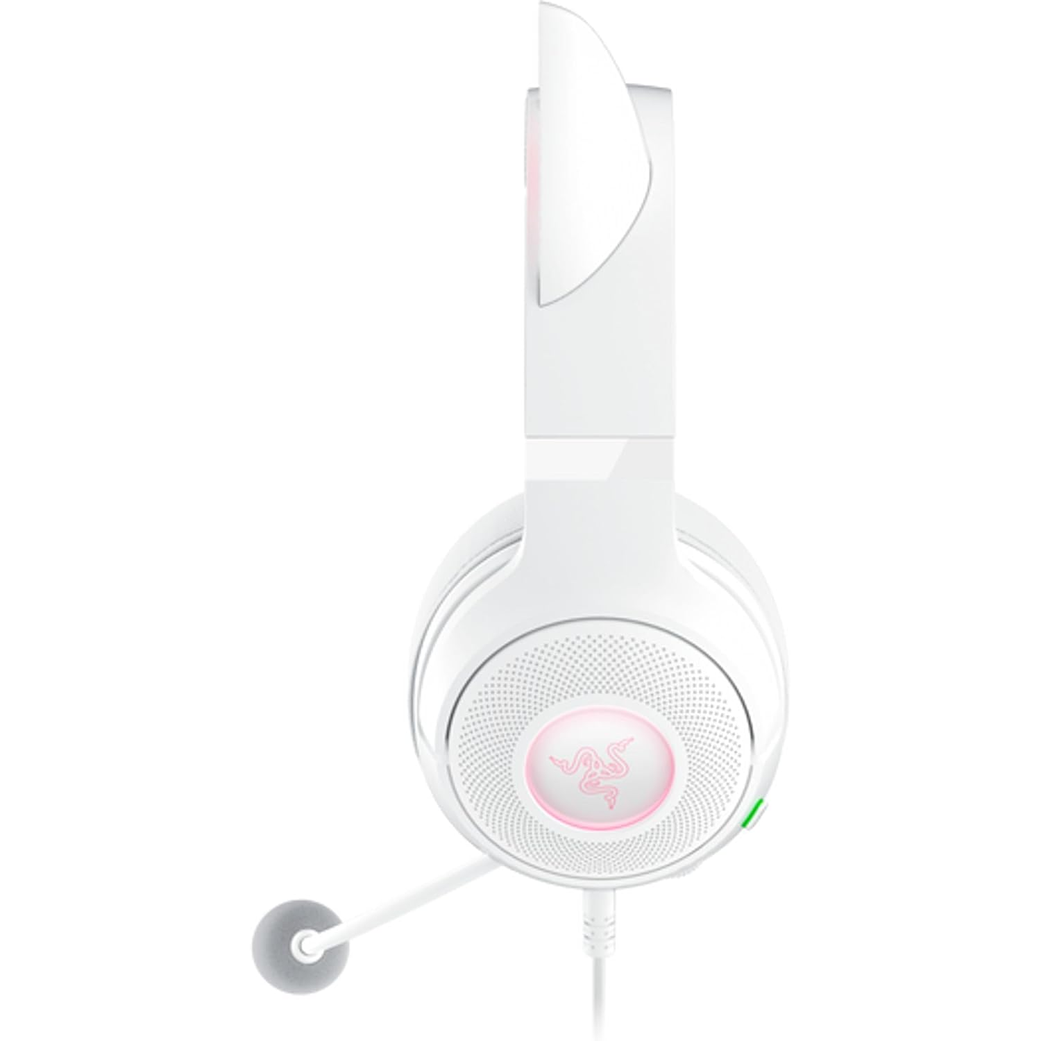 White Razer headset with pink cat ears and microphone, side view, black background.
