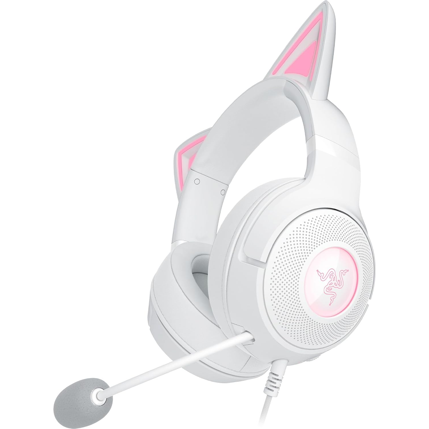 White Razer headset with pink cat ears and microphone, side view, black background.