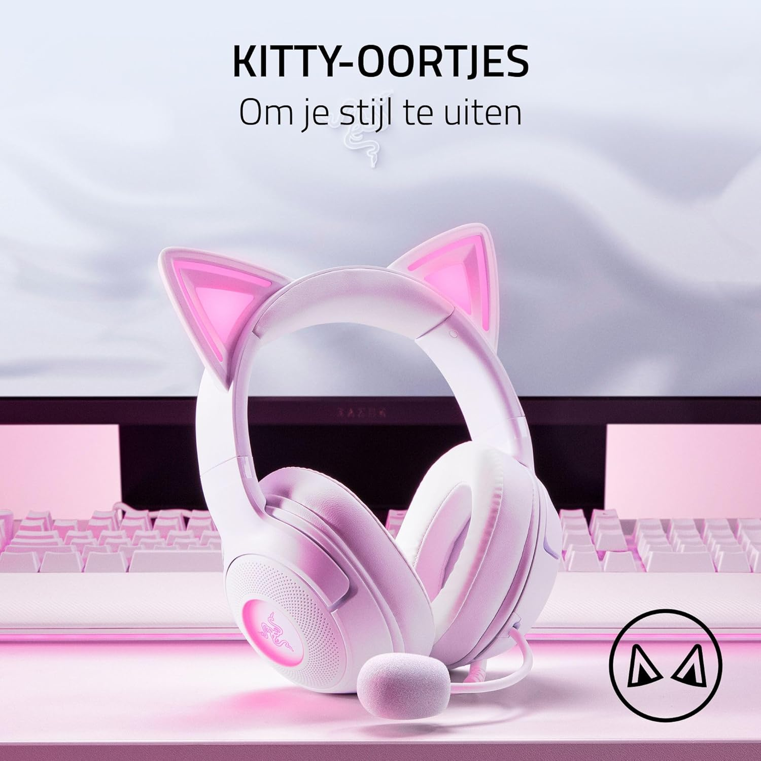 White Razer headset with pink cat ears and microphone, with text on a pink background.