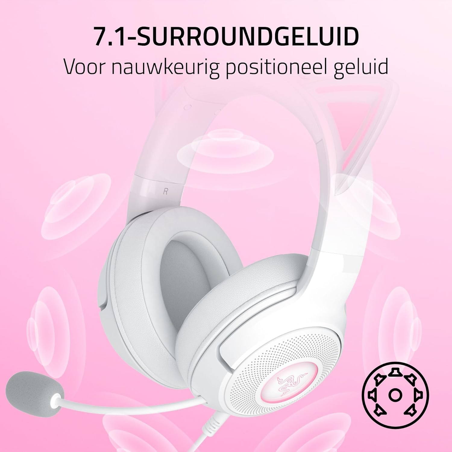 White gaming headset. Text: 7.1 surround sound for precise positional audio.