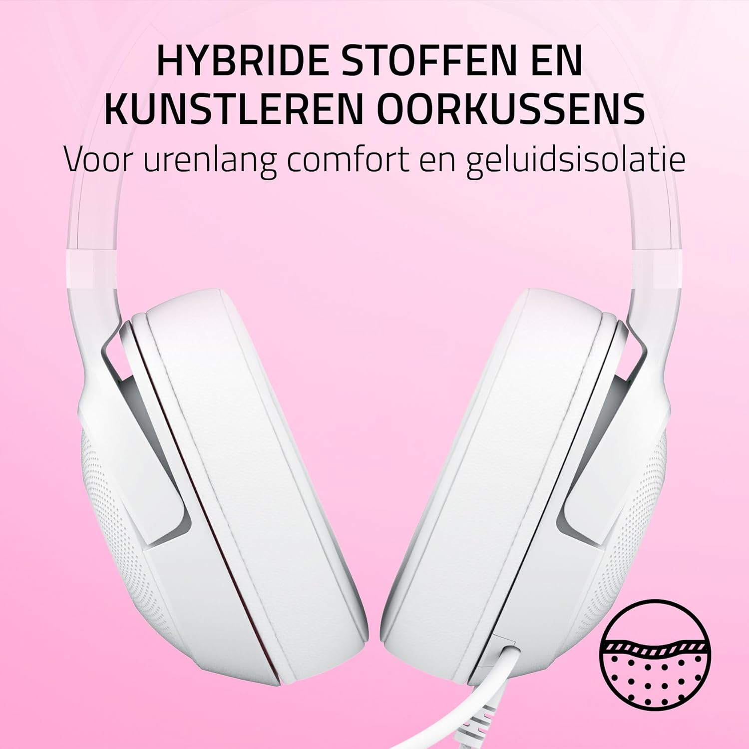 White gaming headset. Text: Hybrid fabric and leatherette ear cushions for comfort and sound isolation.