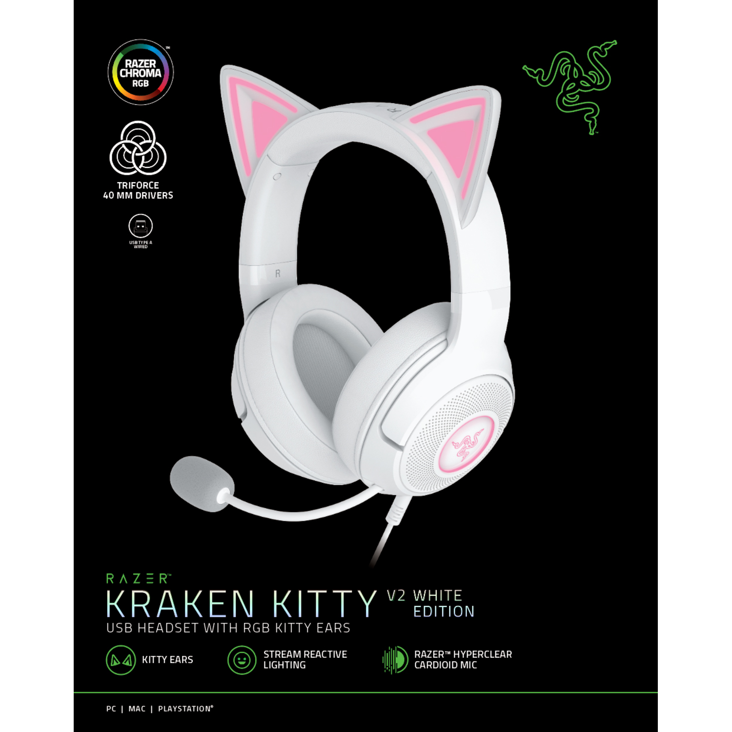 White Razer Kraken Kitty headset. Text: USB headset with RGB kitty ears, with a mic.