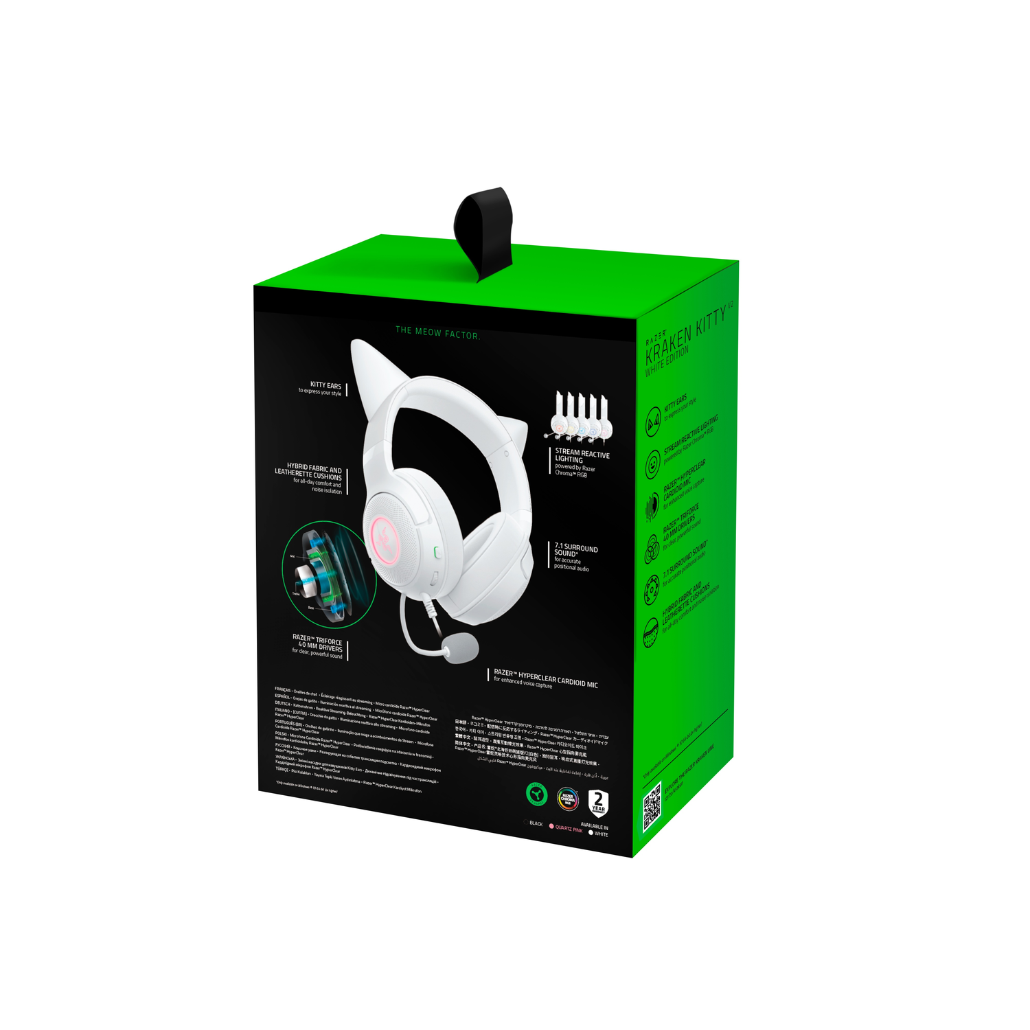 Green and white box. Text: Razer Kraken Kitty V2 White Edition headset packaging.