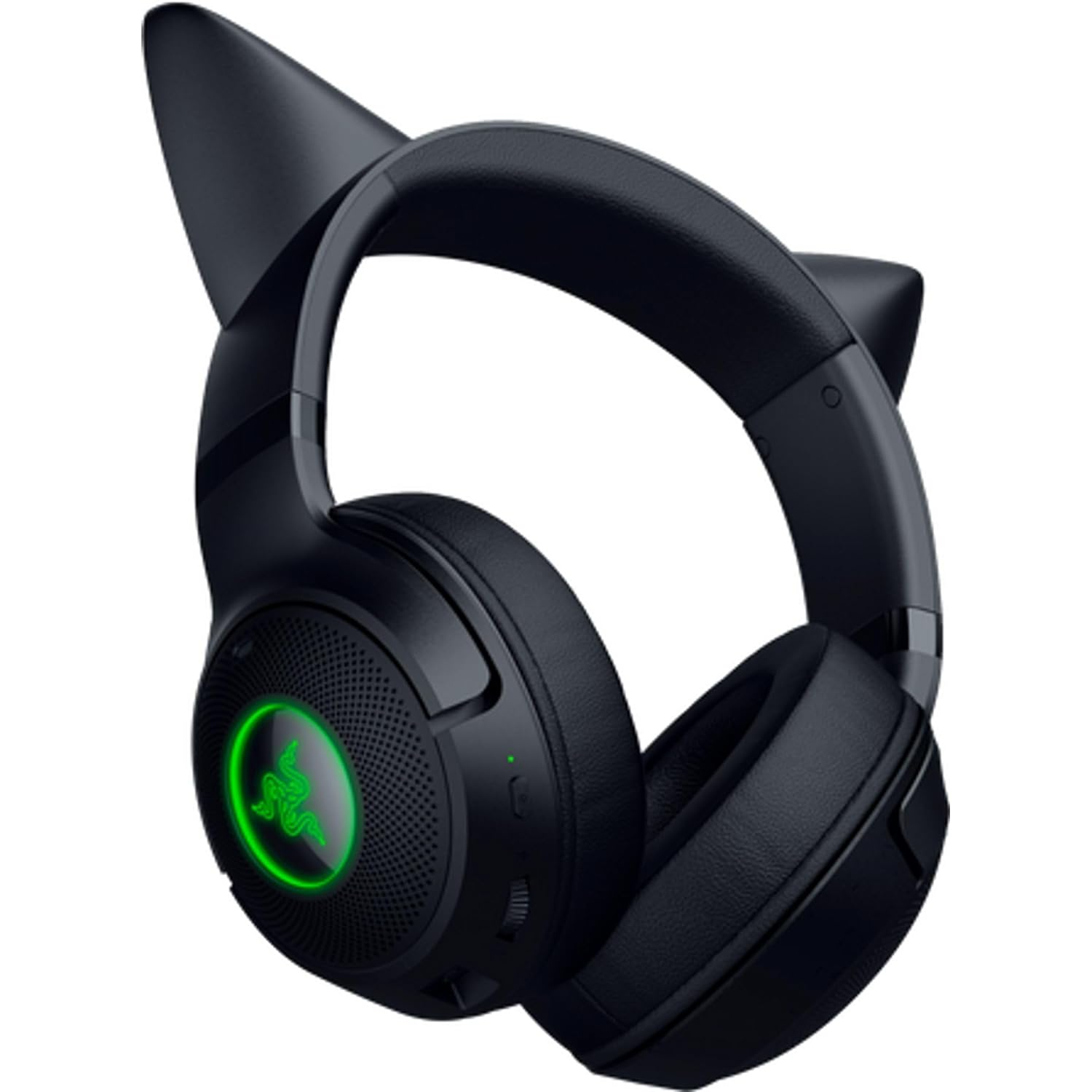 Casque Razer noir avec oreilles de chat et lumières vertes. Il a un logo Razer.