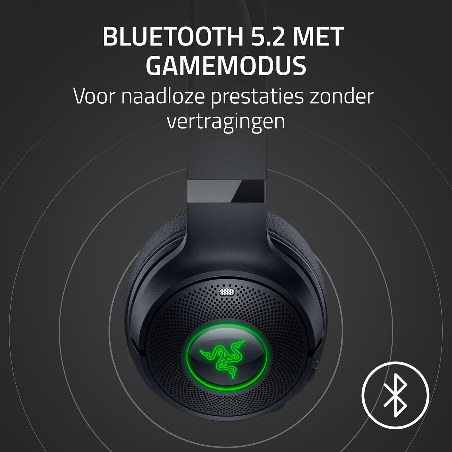 Zwarte Razer-headset met kattenoren. Bluetooth-logo met cirkels rond de headset.