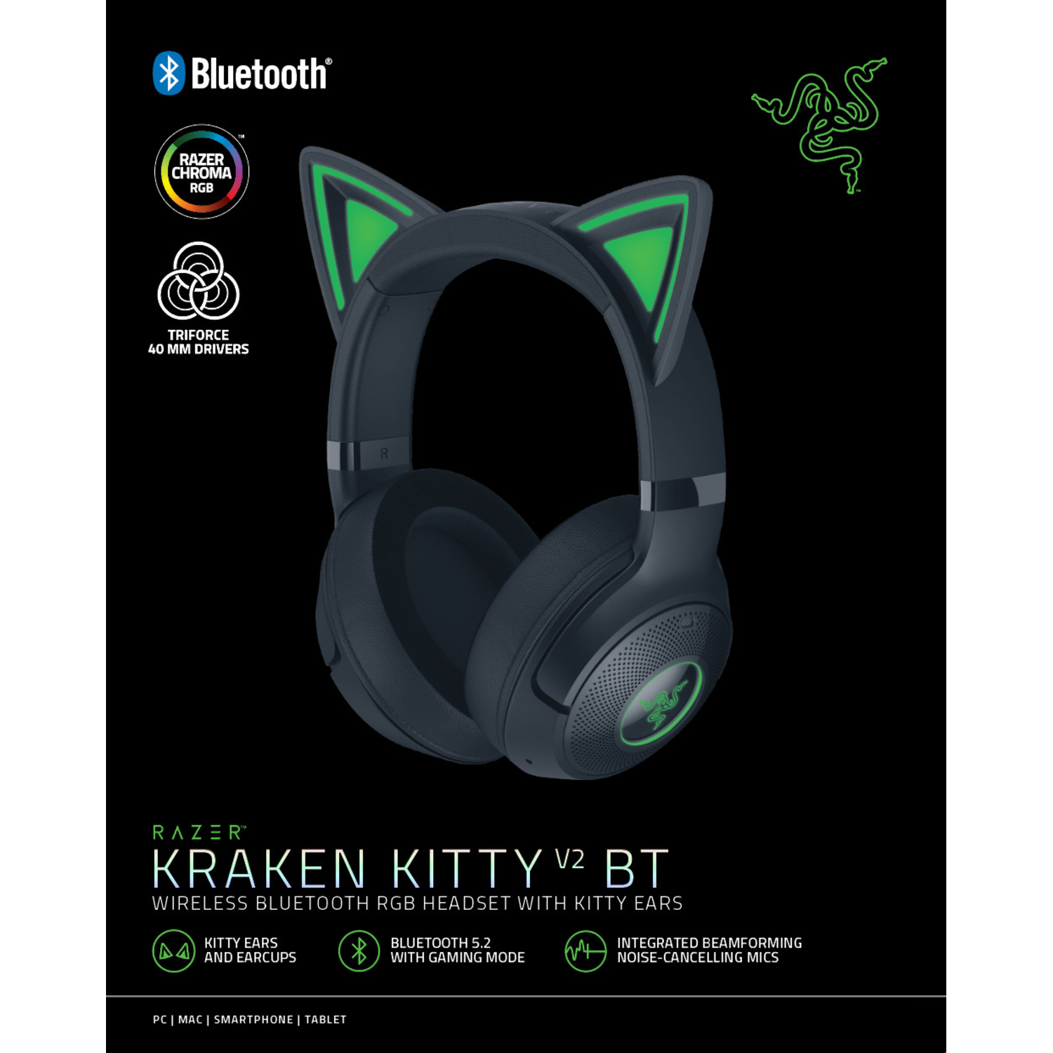 Casque Razer Kraken Kitty V2 BT noir avec oreilles de chat, sur fond blanc. Caractéristiques mises en évidence.