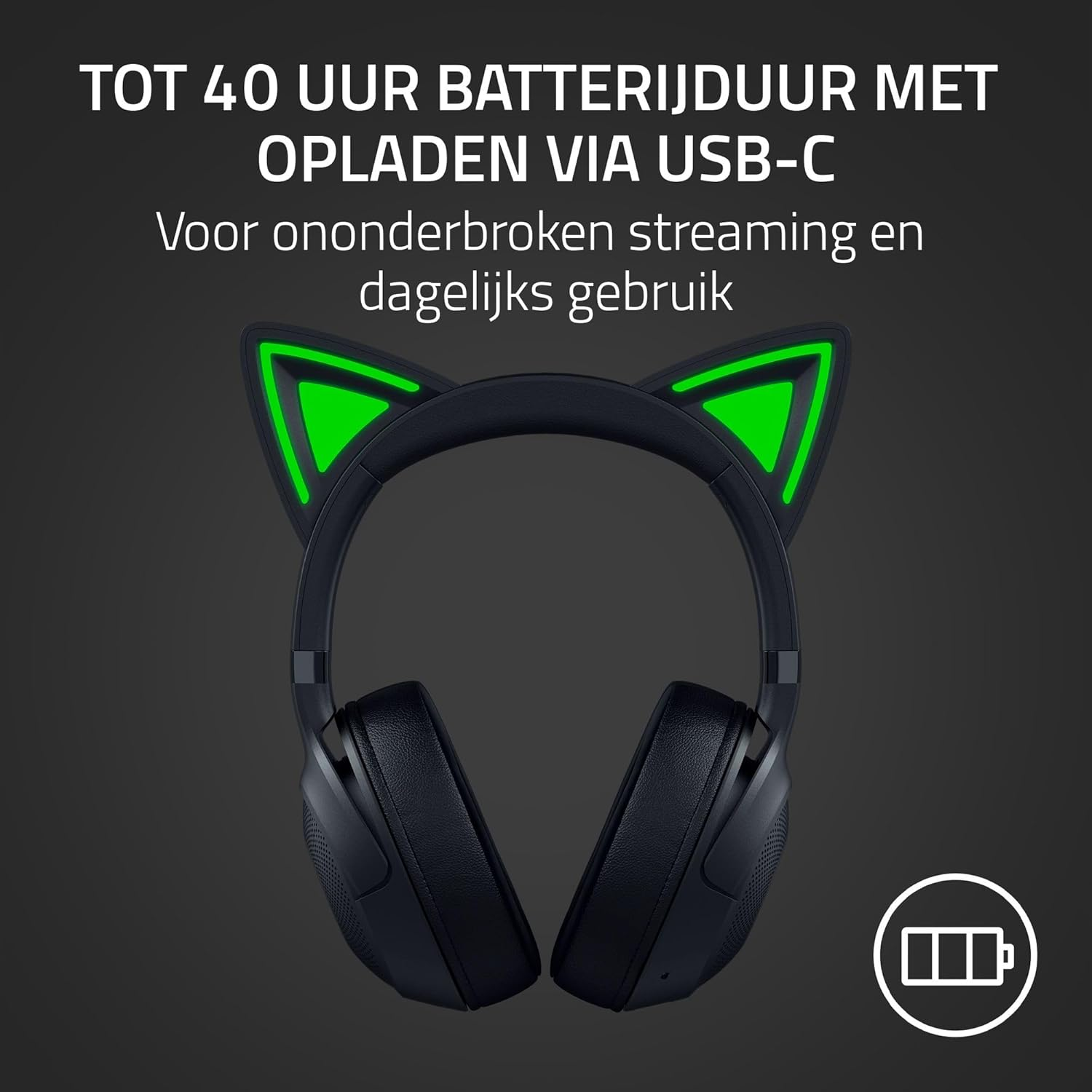Zwarte Razer-headset met kattenoren. Batterijpictogram en tekst over 40 uur batterijduur.