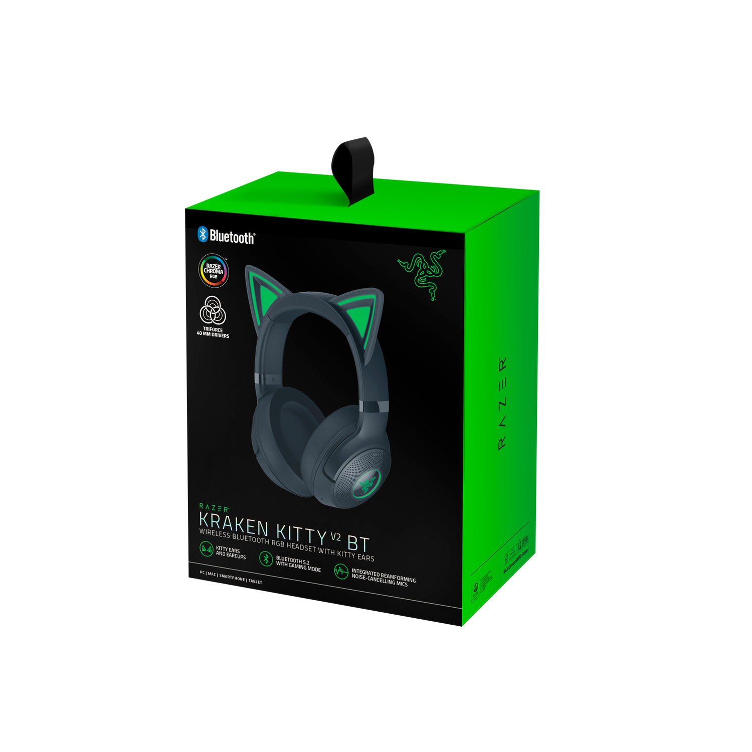 Boîte verte avec image du casque Razer Kraken Kitty V2 BT. C'est un casque Bluetooth sans fil.