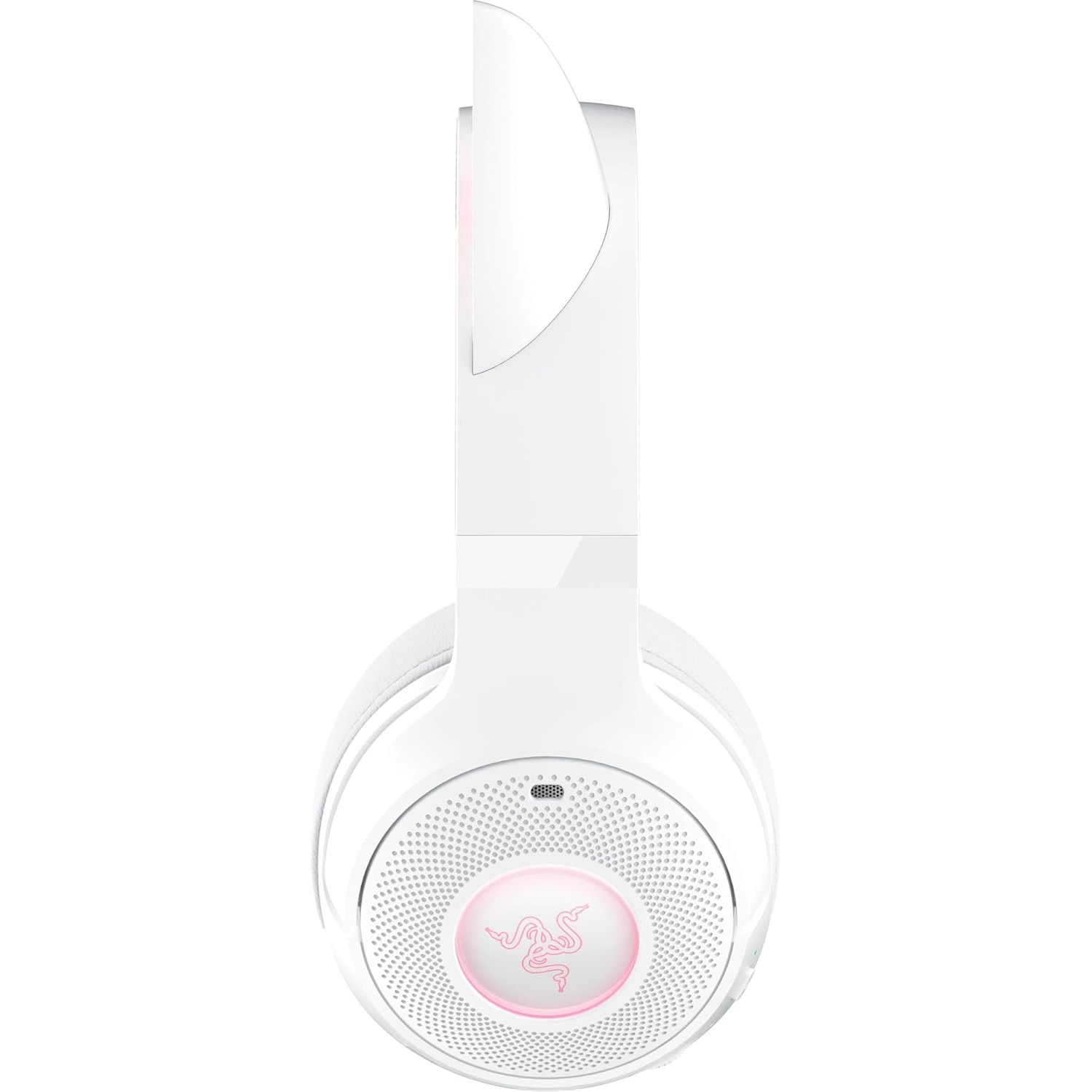 Casque Razer blanc avec lumières roses sur l'écouteur et l'oreille de chat.