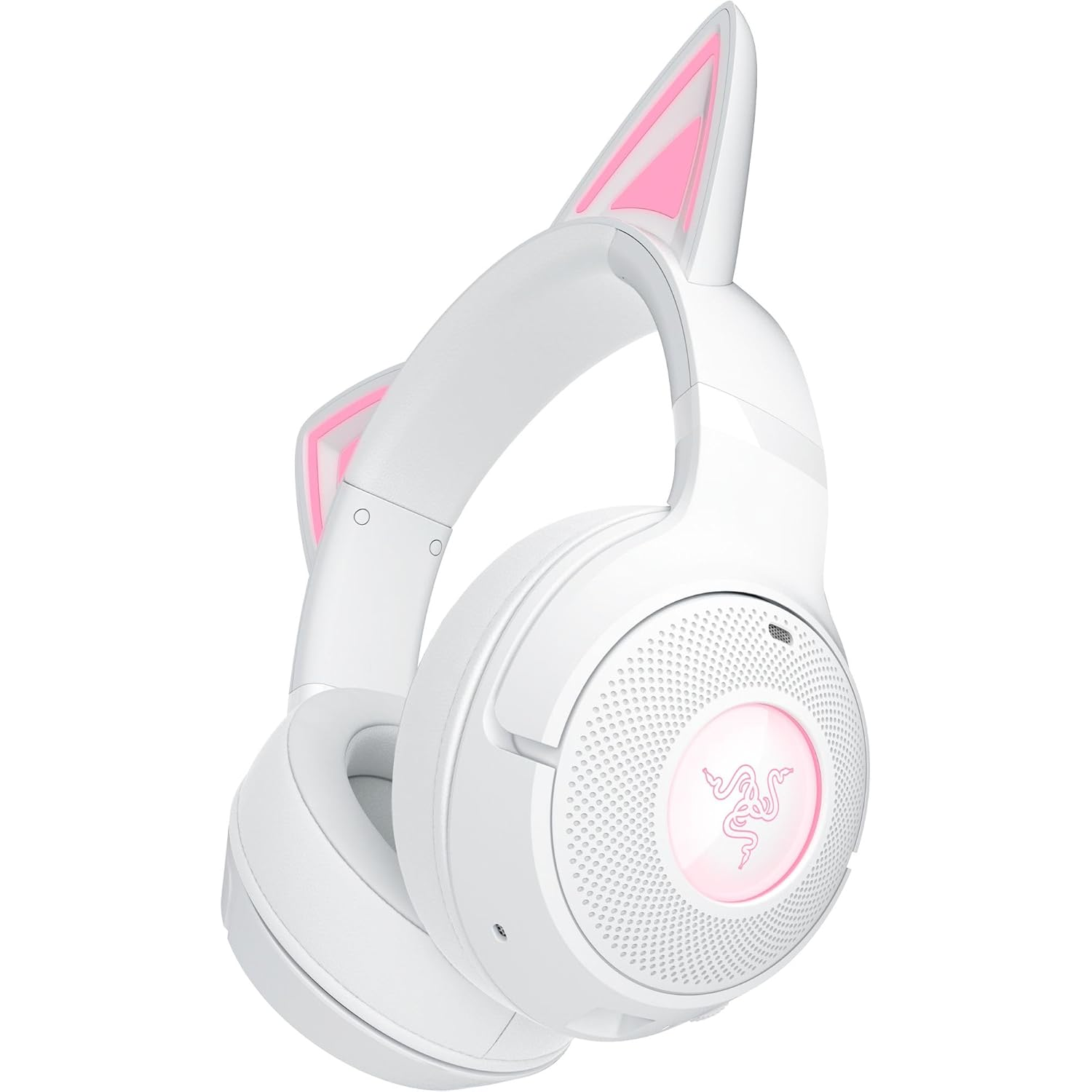 Casque blanc avec oreilles de chat et accents roses. Logo Razer sur l'écouteur.