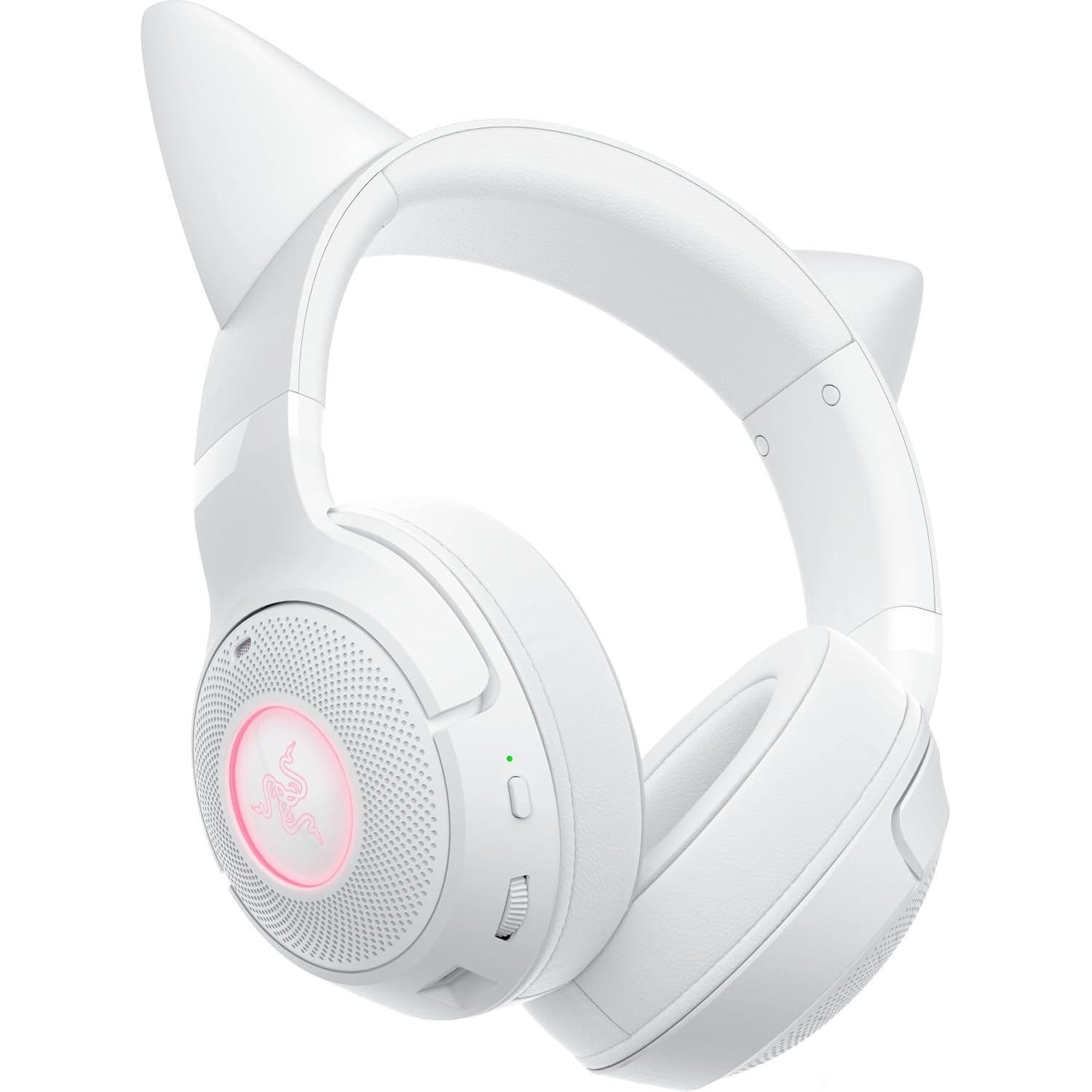Casque blanc avec oreilles de chat. Logo Razer sur l'écouteur. Contrôle volume latéral.