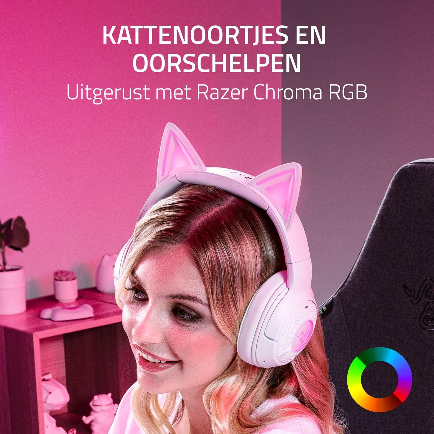 Woman wearing cat ear headset with pink lighting. Text: 'Kitten ears and earcups'.