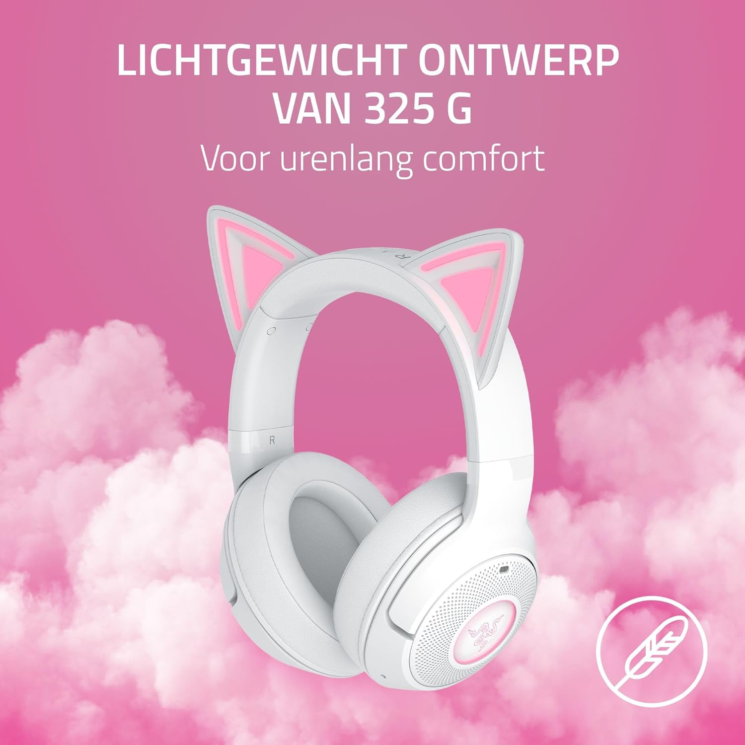 White cat ear headset floating against pink clouds. Text: 'Lightweight design of 325g'.