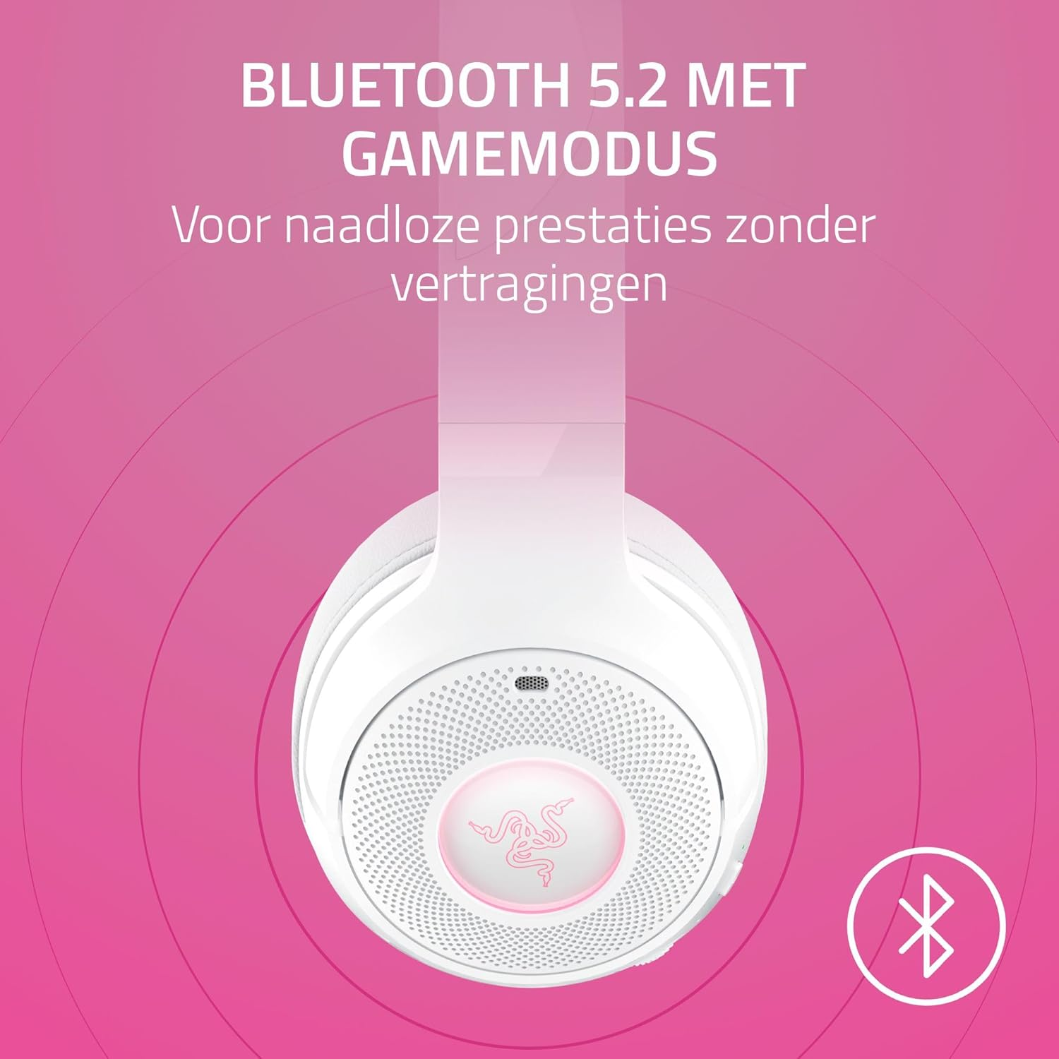 Headset with pink accents. Text: Bluetooth 5.2 with Game Mode.